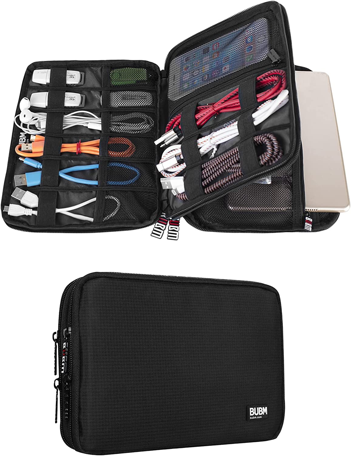 Double Layer Electronic Accessories Organizer, Travel Gadget Bag for Cables, USB Flash Drive, Plug and More, Perfect Size Fits for iPad Mini (Medium, Black)