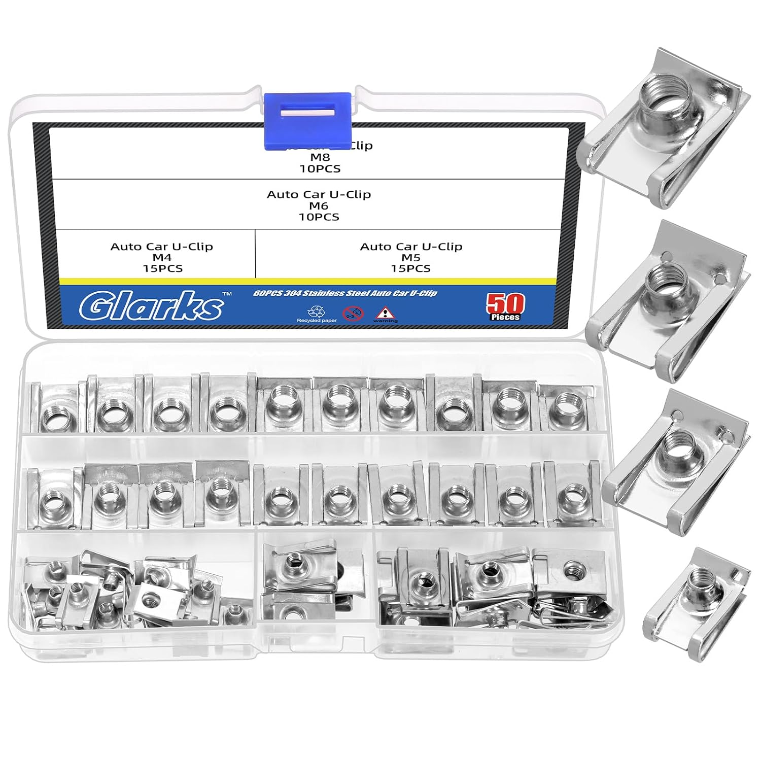 50pcs M4 M5 M6 M8 U-Style Clip-On Nuts Set, 304 Stainless Steel Thread Clip Nut, U Nuts Clamp Set, U-Shaped Nut, Automotive U-Clips for Engine, Fender, Bumper, Dash, Interior Trim Panels
