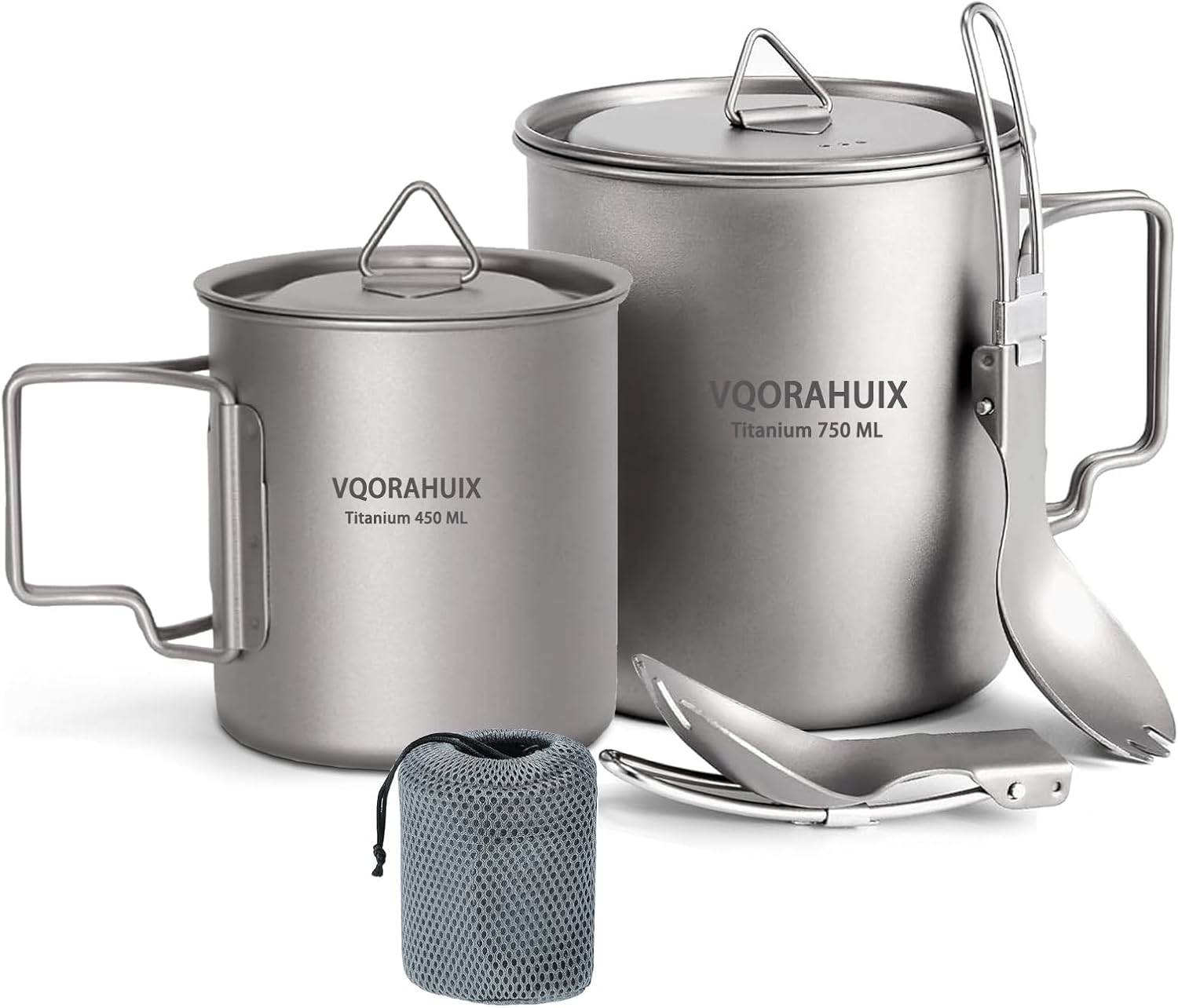 Titanium Mug Camping Pot Titanium Cup 420Ml & 750Ml Titanium Pot with Lid, Spork, Bag Lightweight Titanium Camping Pot for Backpacking Hiking Picnic and Traveling