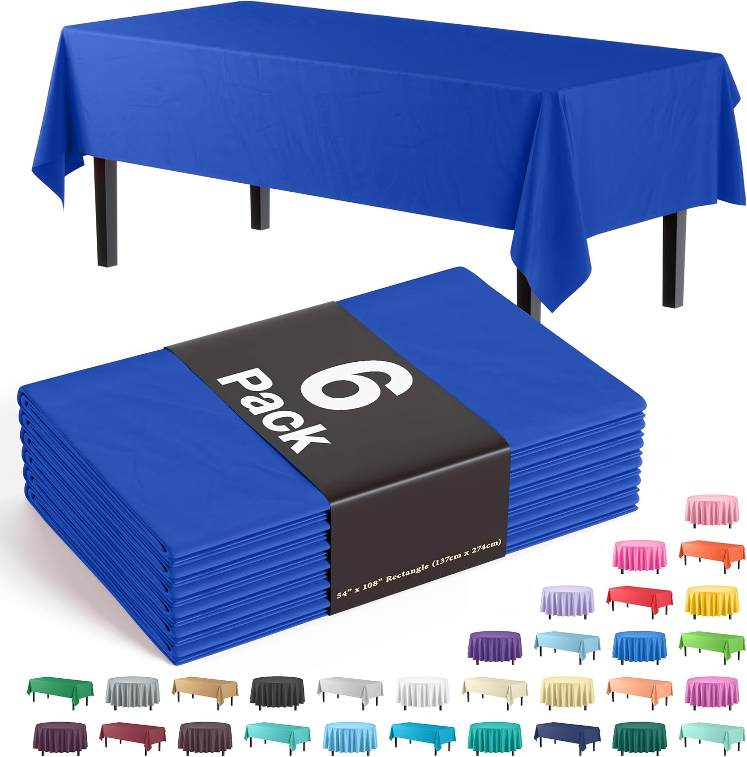 Party Solids 6-Pack Premium Plastic Tablecloth 54in. x 108in. Rectangle Plastic Table Cover - Blue