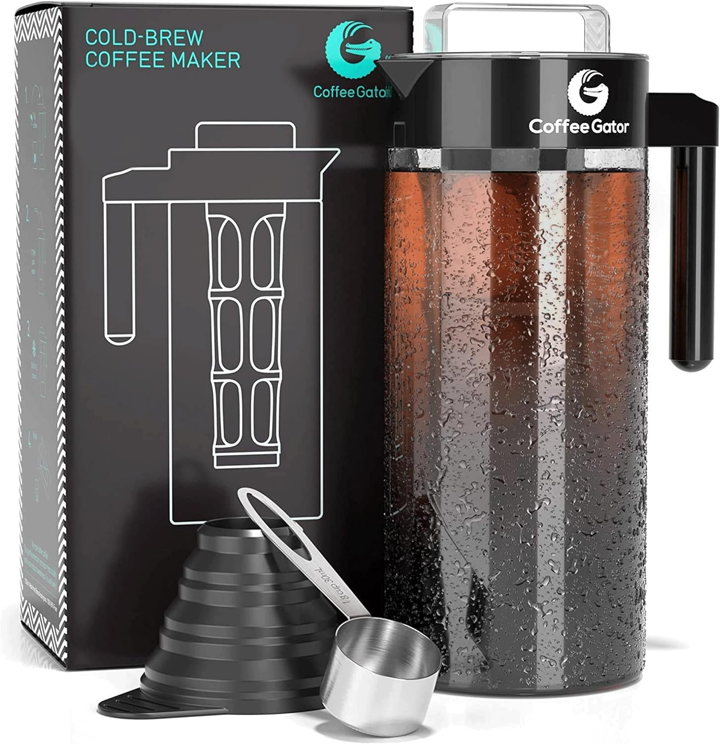 Cold Brew Coffee Maker - 47 Oz Iced Tea and Cold Brew Maker and Pitcher W/Glass Carafe, Filter, Funnel & Measuring Scoop - Black