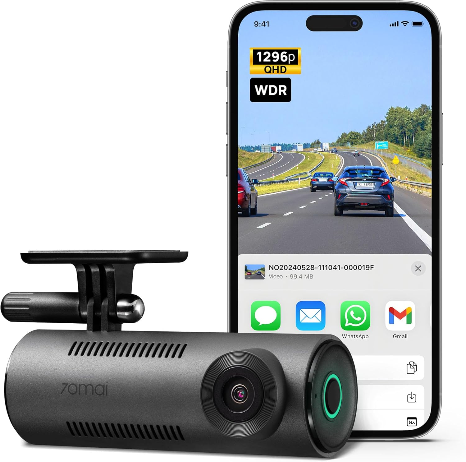 70Mai Dash Cam M310, Dash Camera for Cars 1296P QHD, Smart Dash Cam Front Built in Wifi, 130° Wide-Angle FOV, WDR, Night Vision, Ios/Android Mobile App, Loop Recording, Parking Monitor, Time-Lapse
