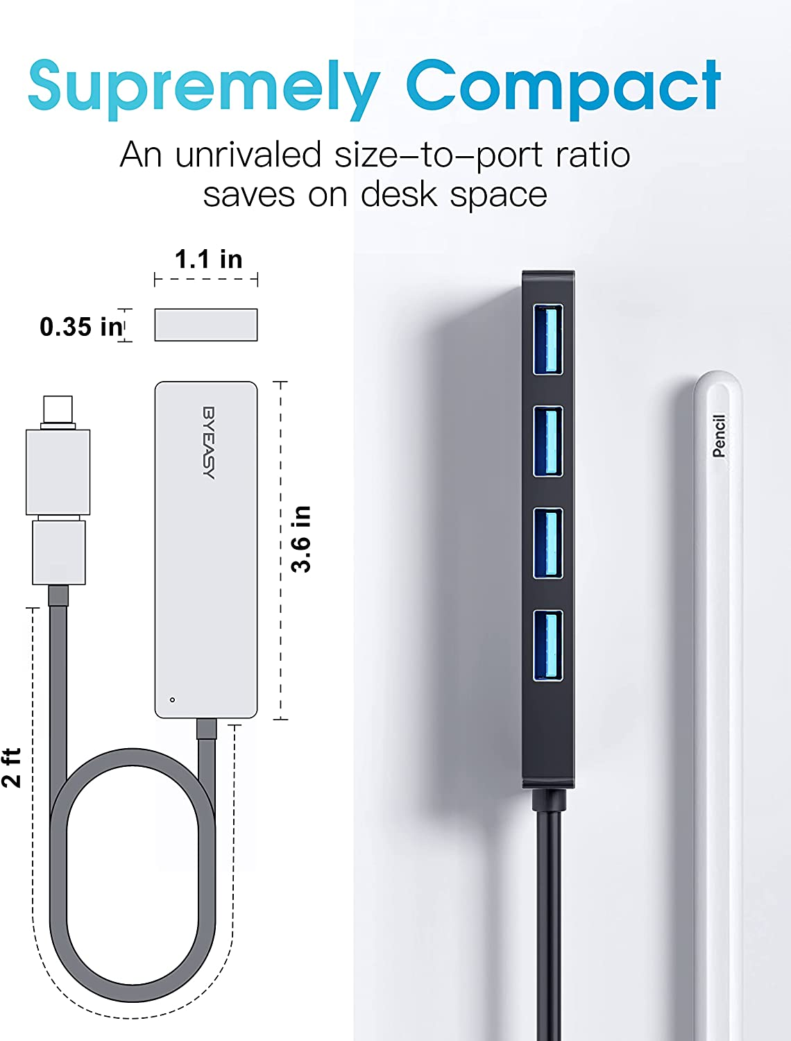 BYEASY USB Hub, USB 3.1 C to USB 3.0 Hub with 4 Ports and 2ft Extended Cable,... - Picture 8 of 15