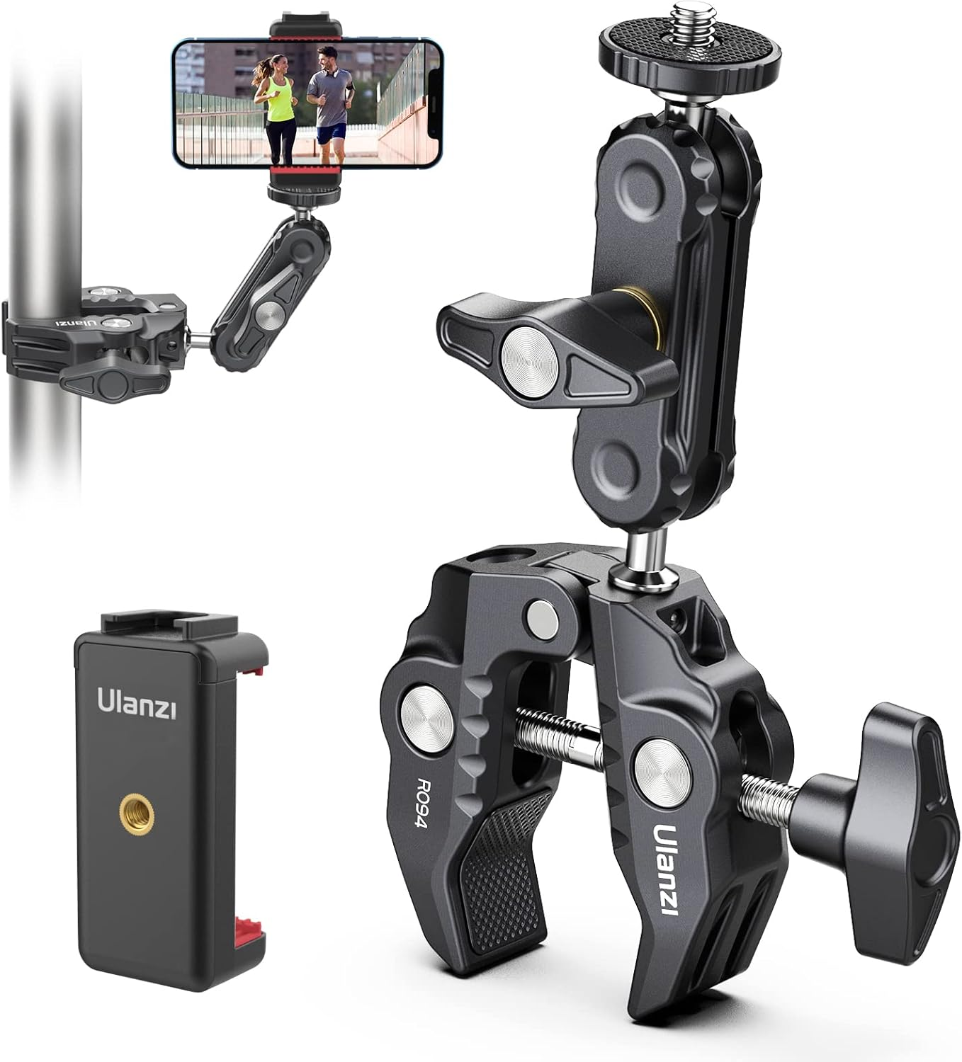 Super Clamp Camera Clamp Mount with Phone Tripod Mount, 360° Ballhead Magic Arm Double Ball Head Adapter with 1/4