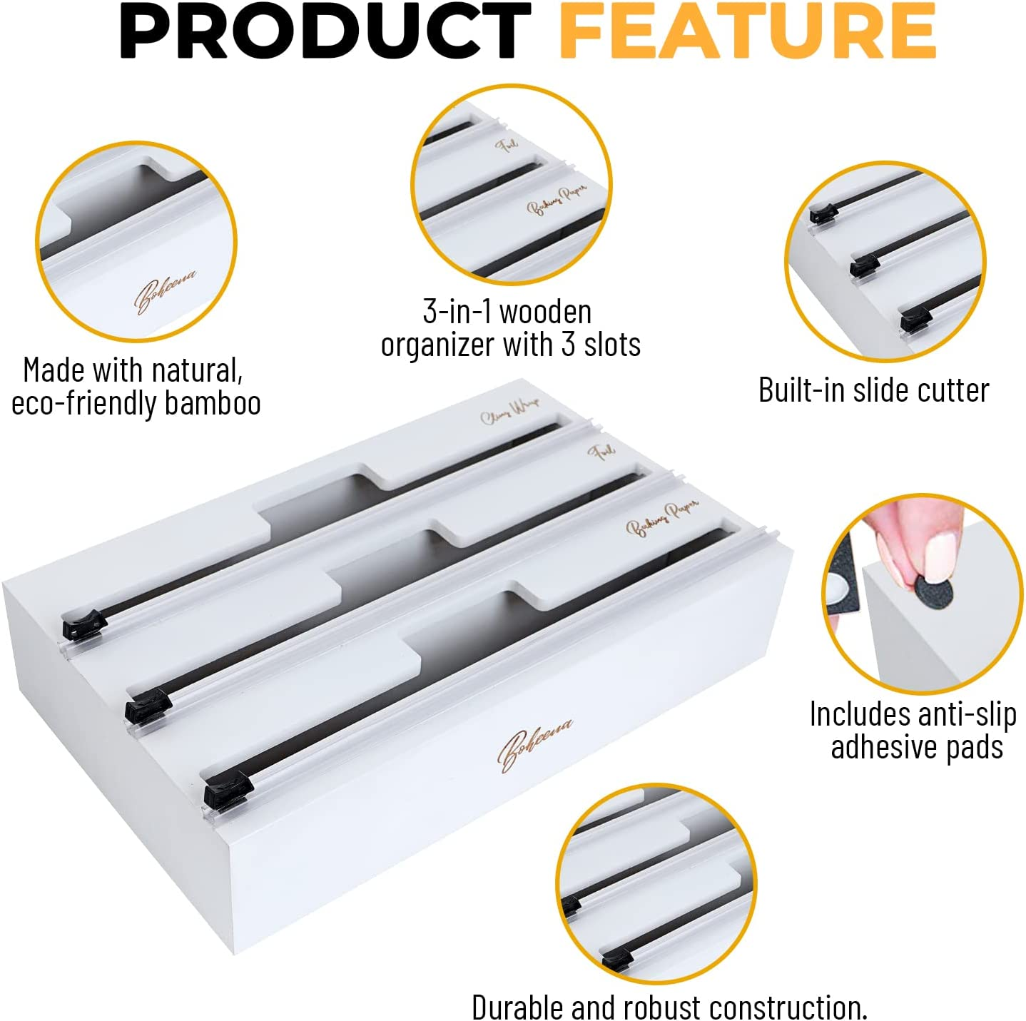 Boheena Bamboo Cling Wrap Dispenser with Cutter 33cm | 3-in-1 Foil and Wrap O... - Picture 8 of 14