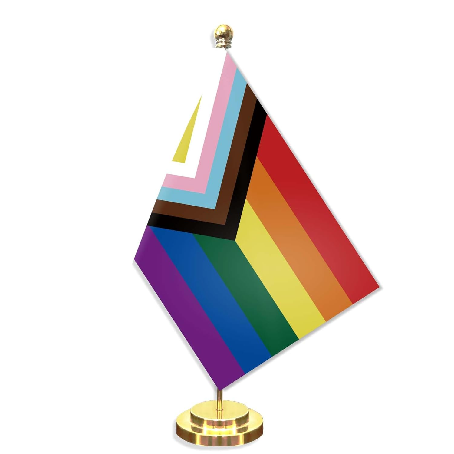 New Intersex-Inclusive Progress Pride Flag Desk Small Flag Set,5×8 Inch Mini Rainbow Inclusive Flag Man Desktop Banner,12" Metal Solid Pole Decor,Tiny Digital Printed Polyester Banner with Golden Base