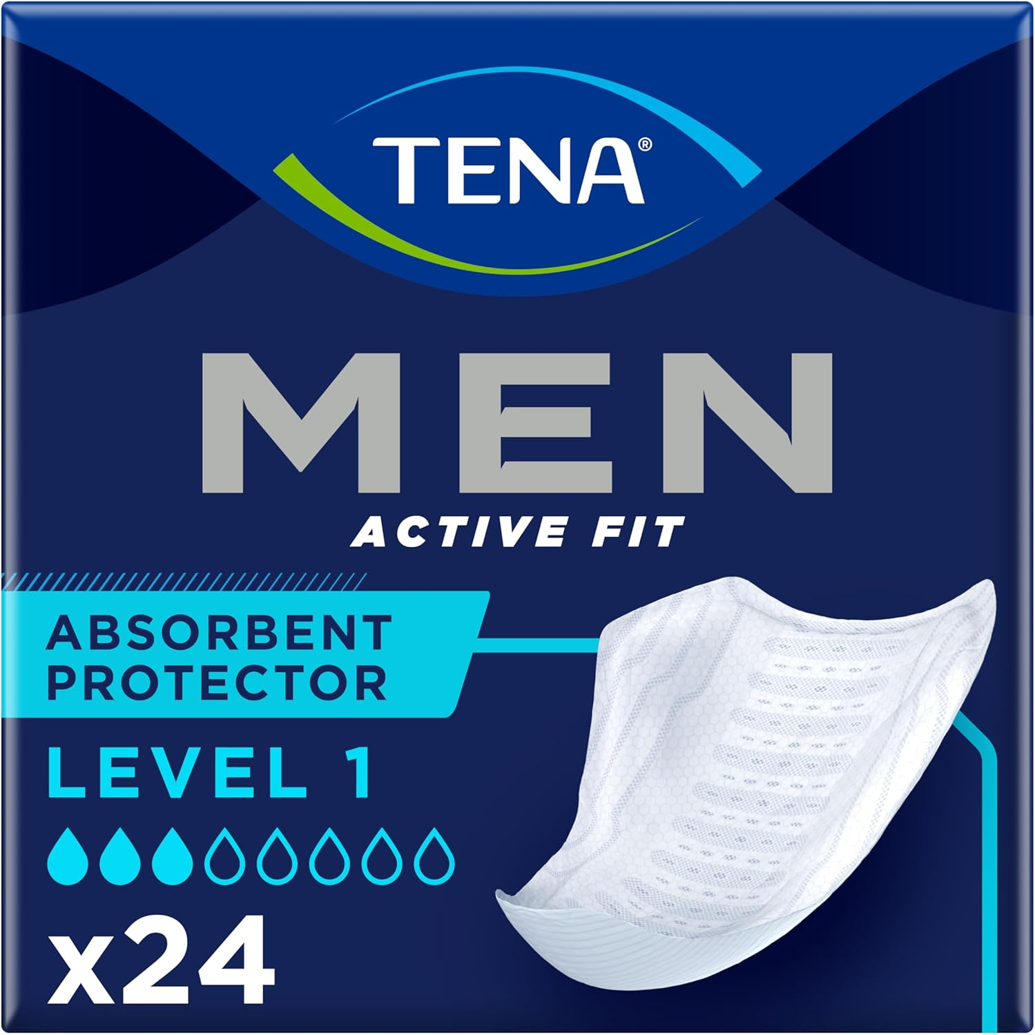 TENA Men Active Fit Absorbent Protector, Level 1 (24 Count) | Ultra Thin Incontinence Pads for Men with Light Bladder Weakness, Discreet Triple Protection against Leaks, Odour & Moisture