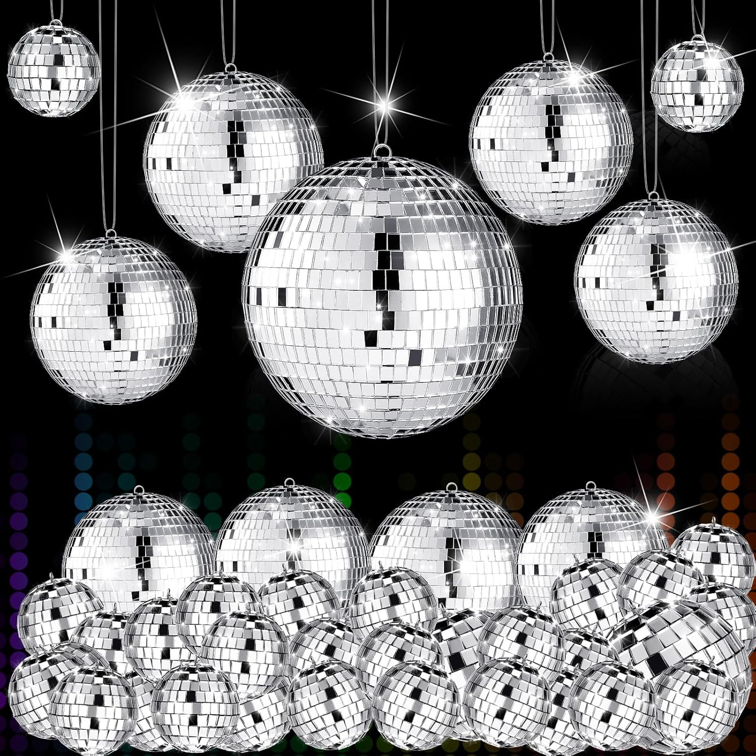 Hoolerry 65 Pcs Disco Balls Reflective Hanging Disco Ball Decorations Assorted Silver Ball for 70S Wedding Dance Music Ballroom Hall Props Club Stage Backdrop Props(3.2/2.4/2 / 1.2 In)