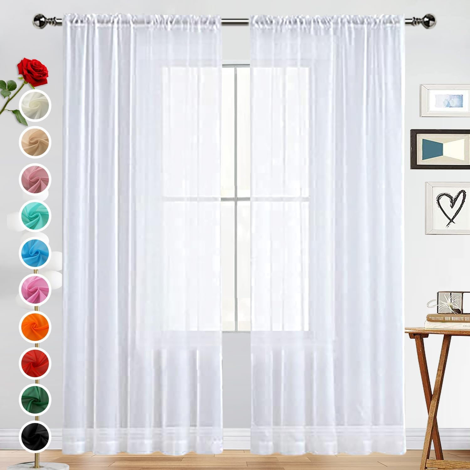 Spacedresser Basic Rod Pocket Sheer Voile Window Curtain Panels White 1 Pair 2 Panels 52 Width 84 Inch Long for Kitchen Bedroom Children Living Room Yard(White,52 W X 84 L)