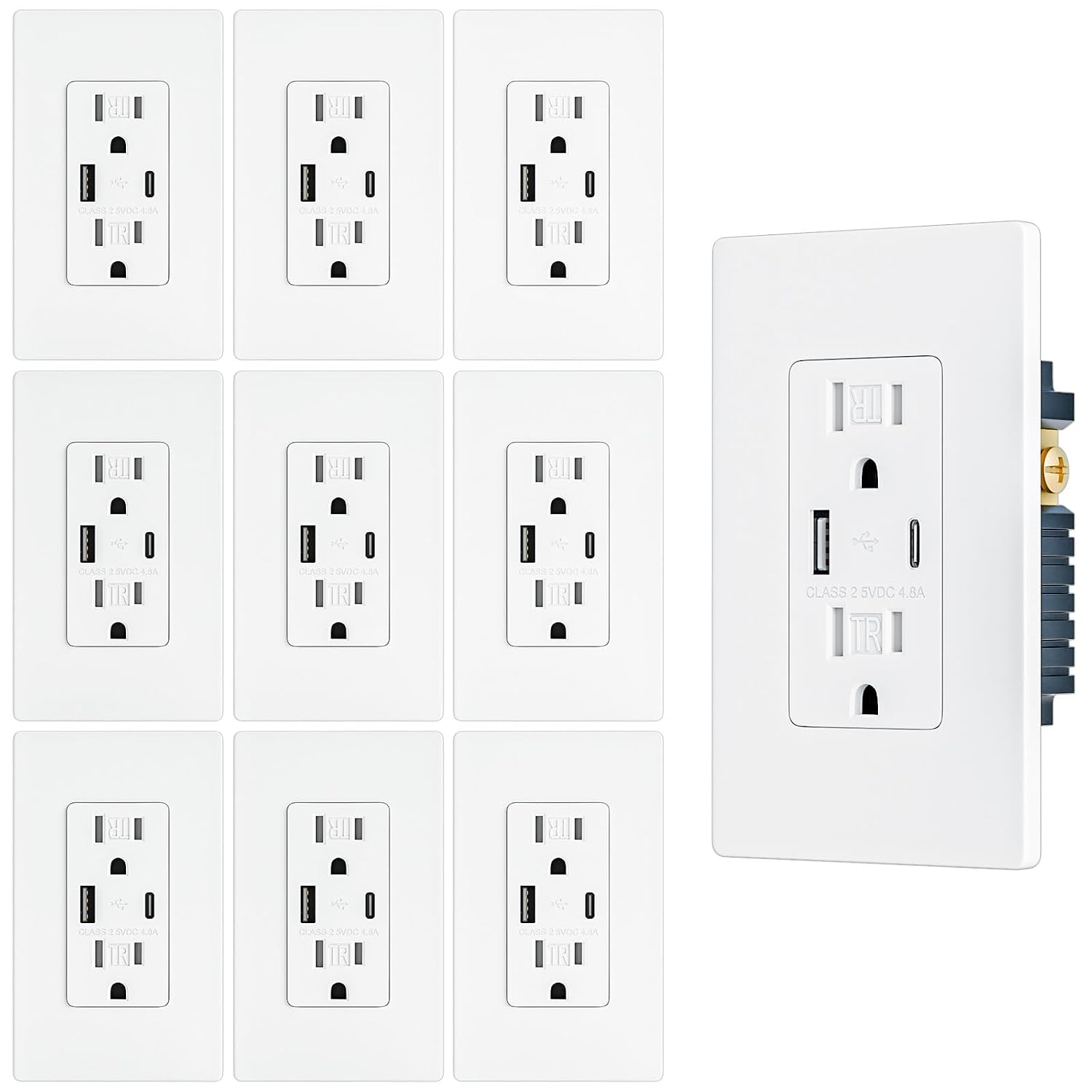 10 Pack -  4.8A/24W USB Outlet, Wall Outlet with Type C & Type a Ports, 15 Amp Receptacle Plug, Tamper-Resistant Receptacle, Screwless Wall Plate Include, UL Listed, White