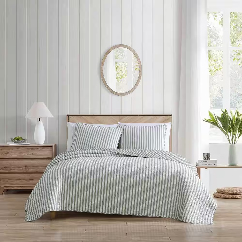 Willow Way Ticking Stripe 2-Piece Sage Green Cotton Twin Quilt Set