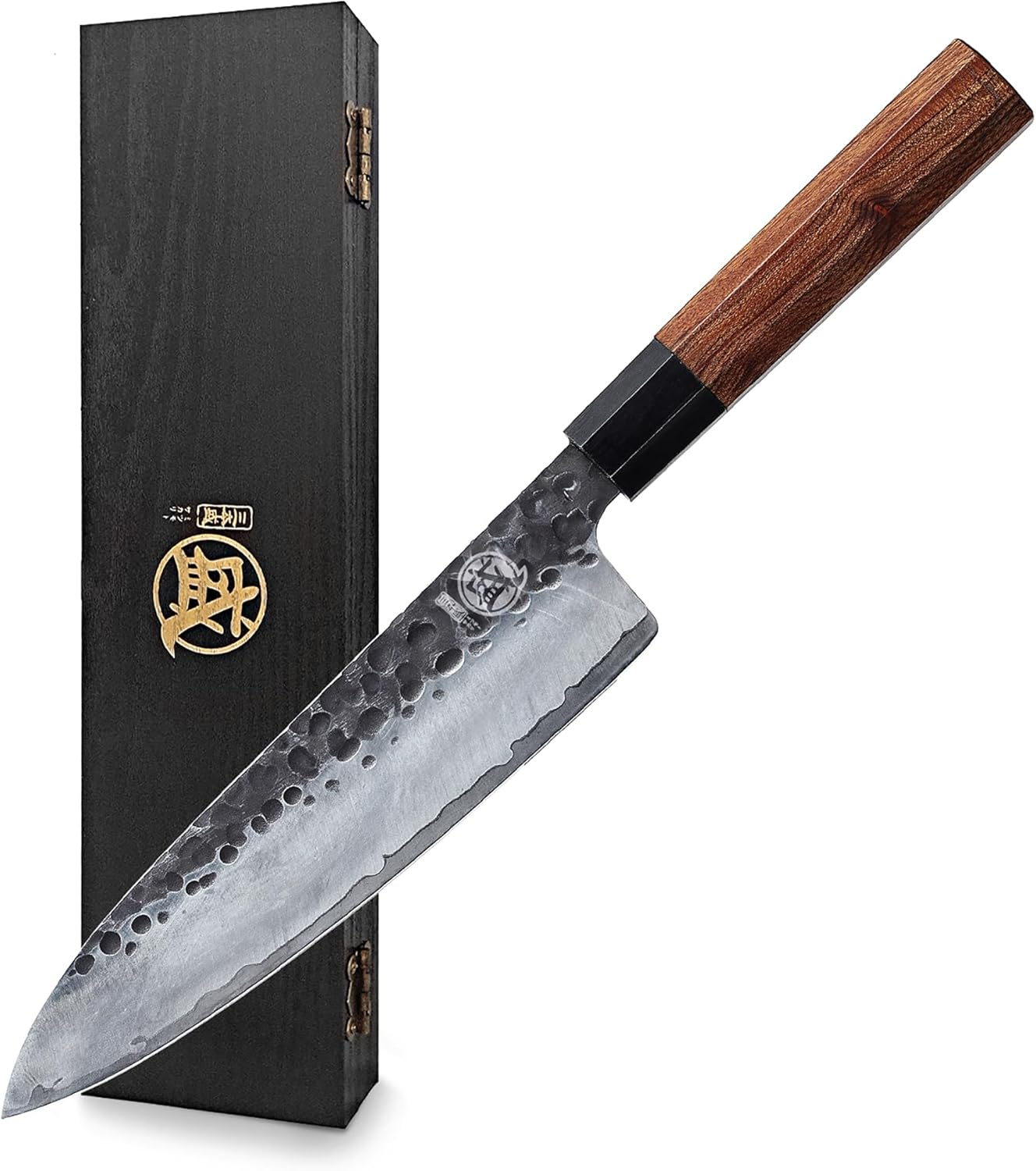 MITSUMOTO SAKARI 8 Inch Japanese Gyuto Chef Knife, Professional Hand Forged Kitchen Chef Knife, 3 Layers 9CR18MOV High Carbon Meat Sushi Knife (Rosewood Handle & Sandalwood Box)