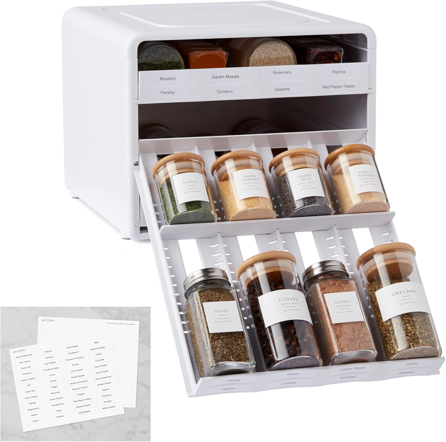 Spicestack® Adjustable Spice Rack Organizer, Pull-Down 24-Bottle Seasonings and Spices Holder for Kitchen Cabinet and Pantry Organization with 104 Included Labels | Adjustable
