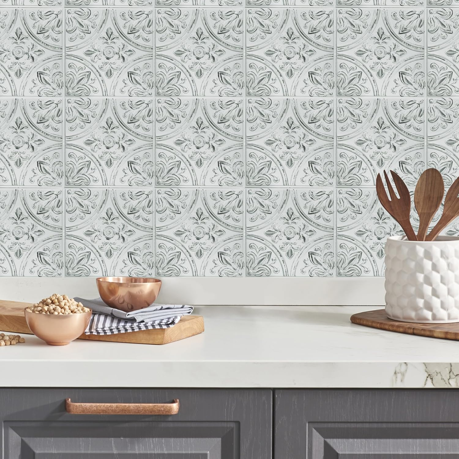 TIL4623FLT Sticktiles White Tin Peel and Stick Tile Backsplash, 10.5 Inch X 10.5 Inch, 4 Count (Pack of 1)