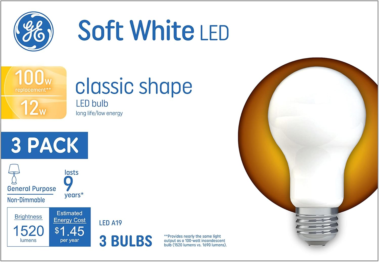 LED Light Bulbs, 100 Watt, Soft White, A19 3 Count (Pack of 1)
