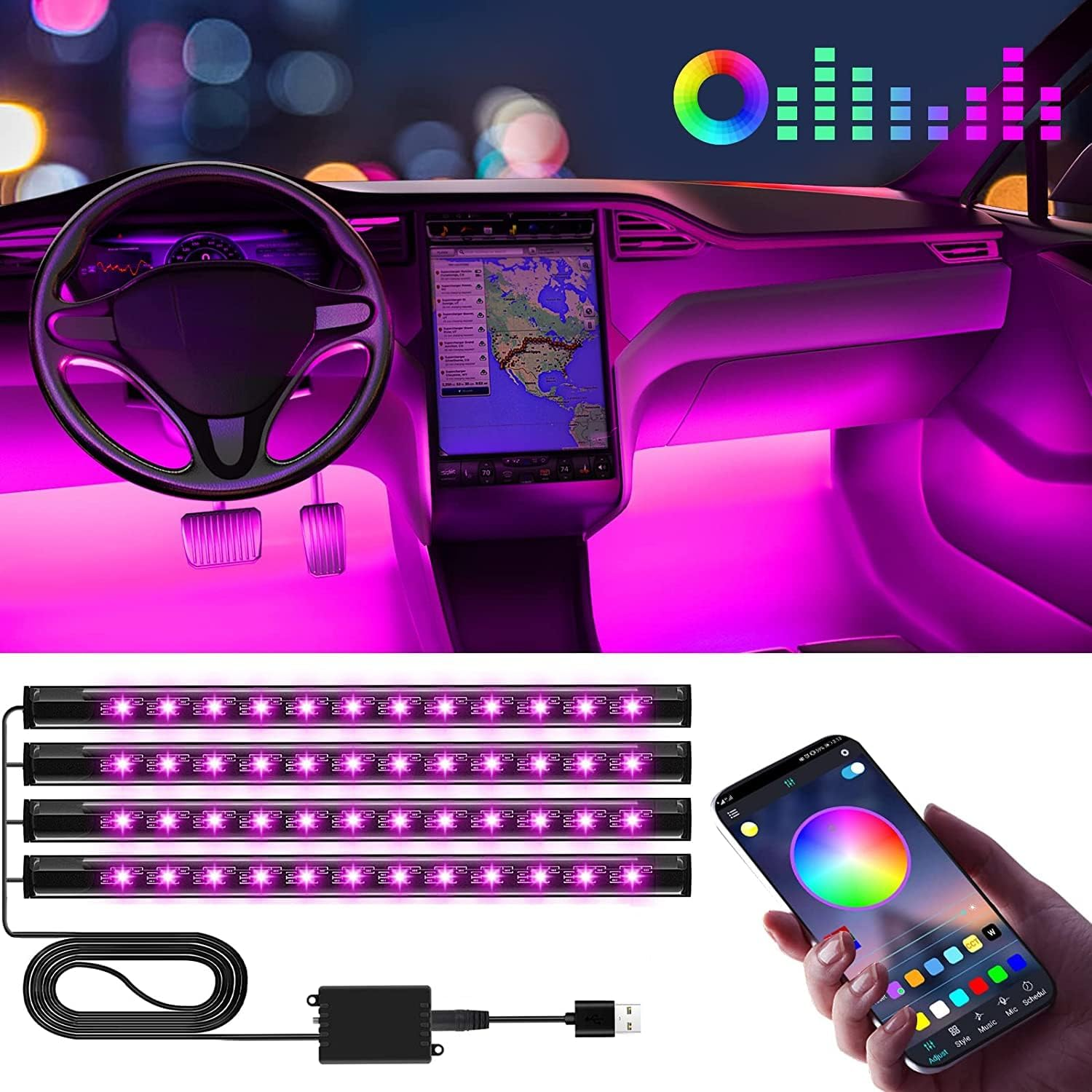 Interior Car Lights Winzwon Car Accessories for Women, Car Led Lights, Gifts for Men, APP Control inside Car Decor with USB Port, Music Sync Color Change Lights for Jeep Truck, 12V (1)