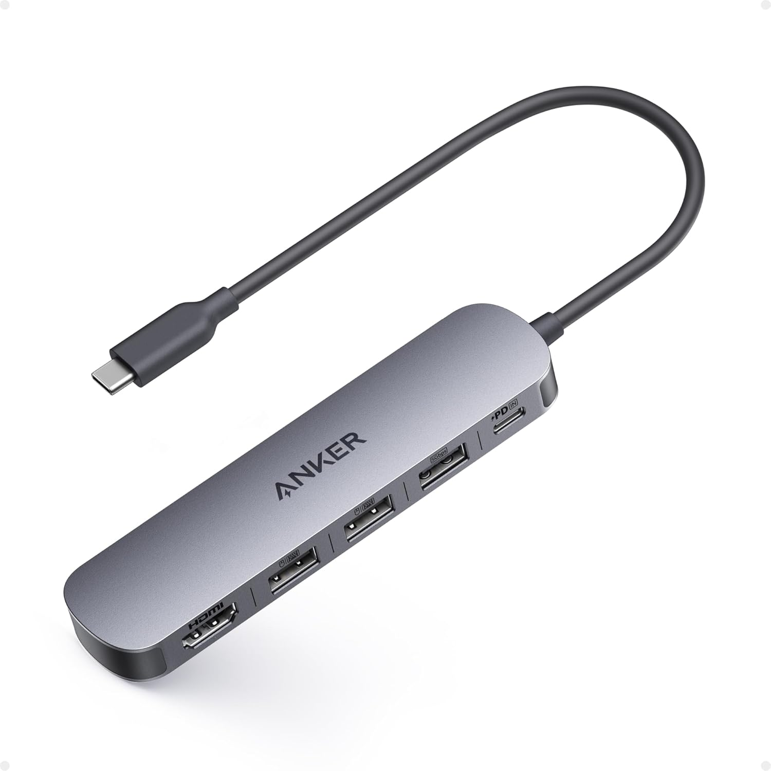 USB-C Hub (5-in-1), 4K@30Hz HDMI with 100W Max Power Delivery, USB-C and USB-A Data Ports, Compact and Stylish for MacBook, Dell XPS, and More (Charger Not Included)