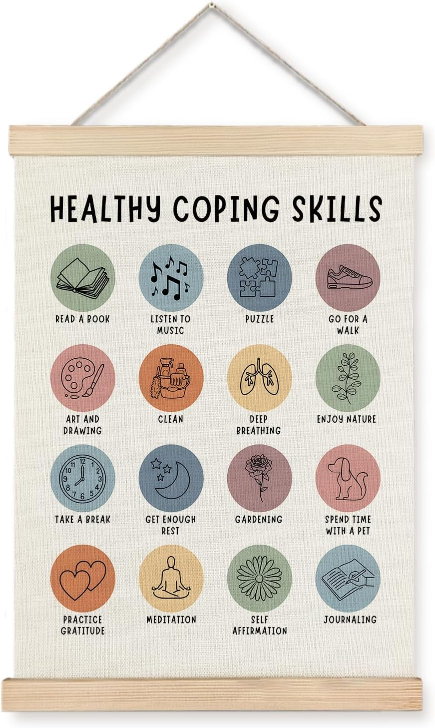 Therapy Decor, Boho Mental Health Poster for Counselor Office, Self Care Stress Management Wall Art, 12X16 Framed