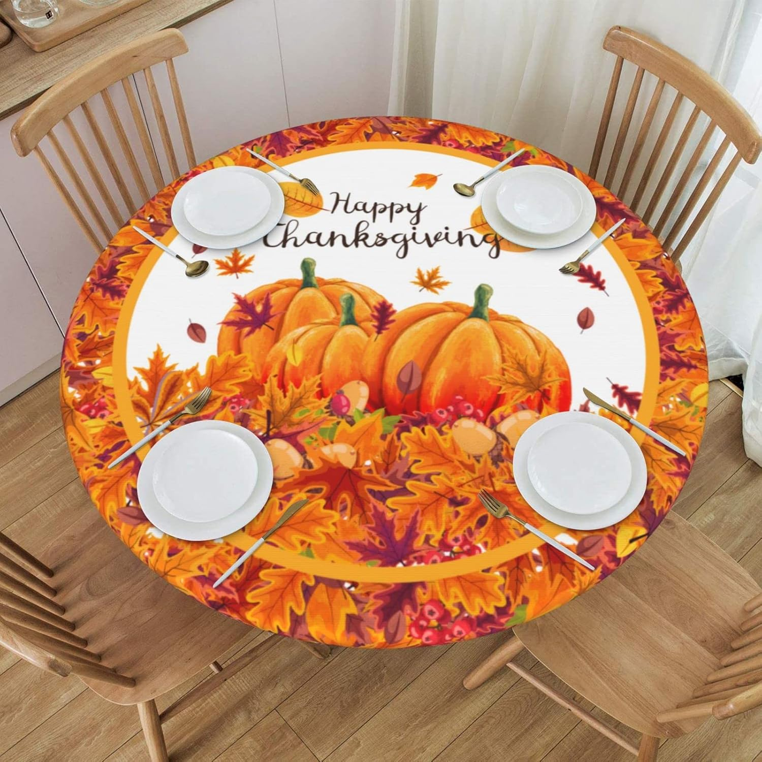 Thanksgiving Pumpkin Maple Leaf Tablecloths round Tablecloth Fitted Elastic Table Cover Washable for Kitchen Dining Picnic Party Fit Table 45-50