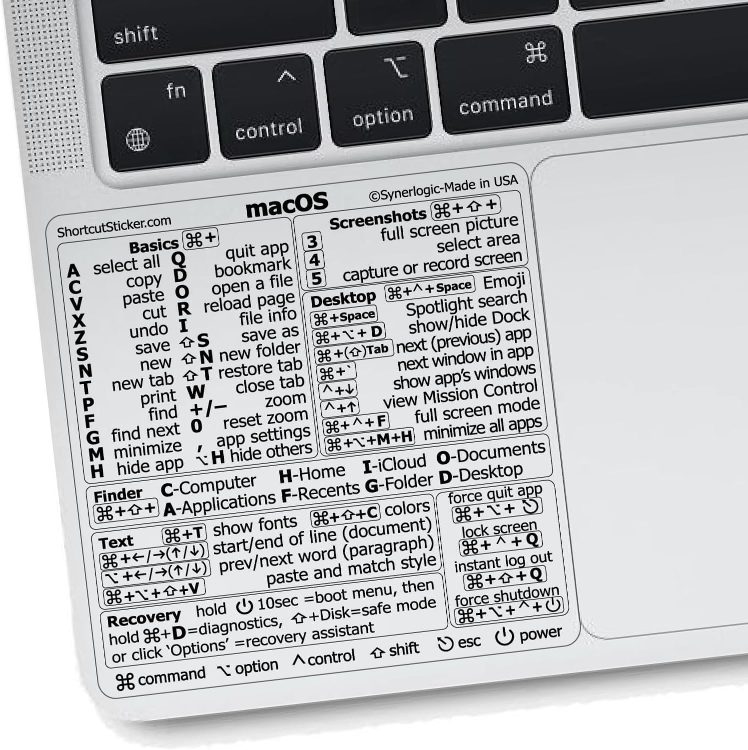 Synerlogic Mac OS Shortcuts Sticker | Keyboard Stickers for Macos | No-Residue Laminated Vinyl Macbook Cheatsheet for Laptop | Macbook Shortcuts 2025 (Clear/Black)