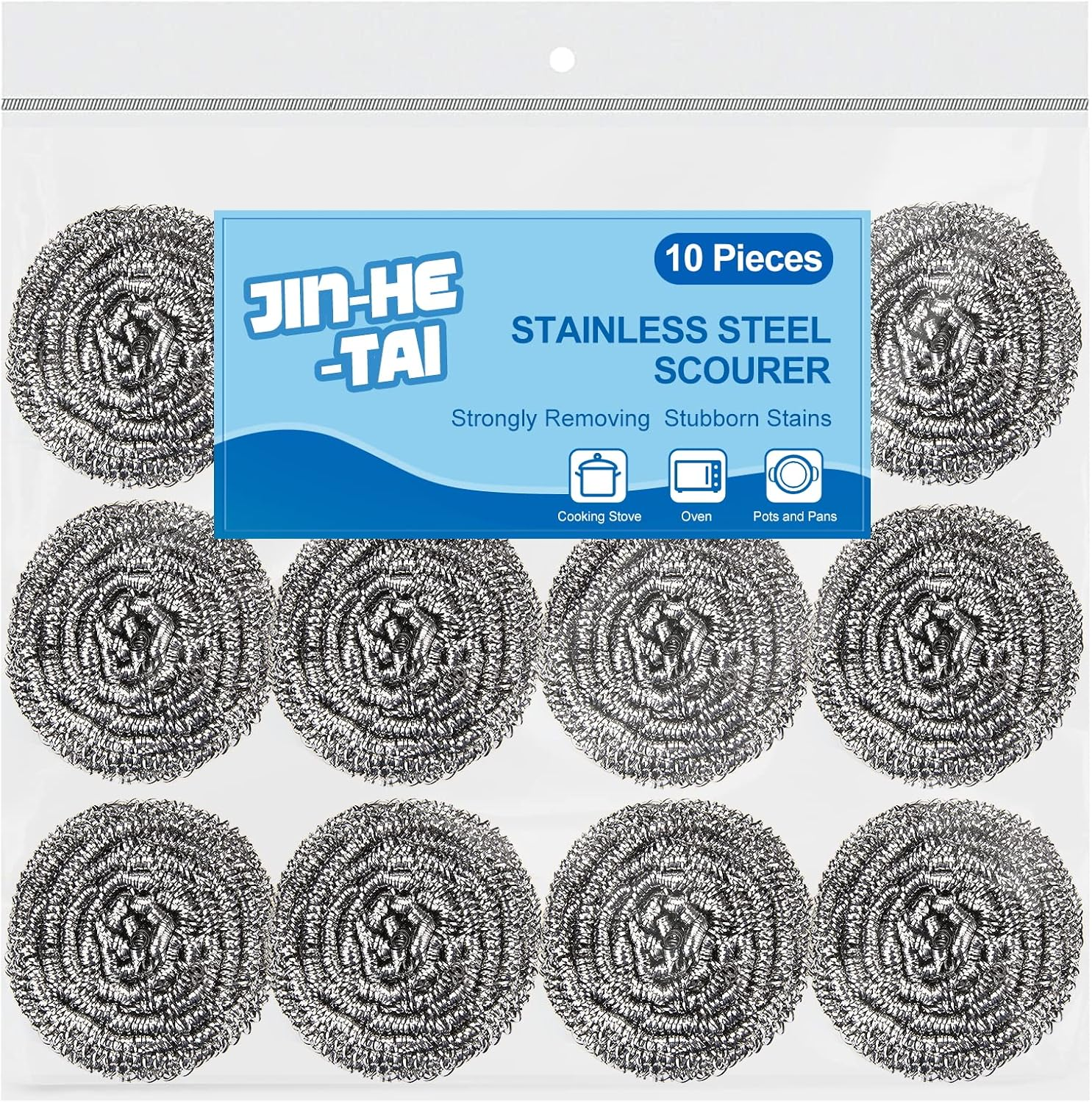 10 Pack Stainless Steel Scrubber, Steel Wool Srubber for Scouring Stubborn Messes from Pots and Pans, Stoves,Broiler Racks,Grills and More
