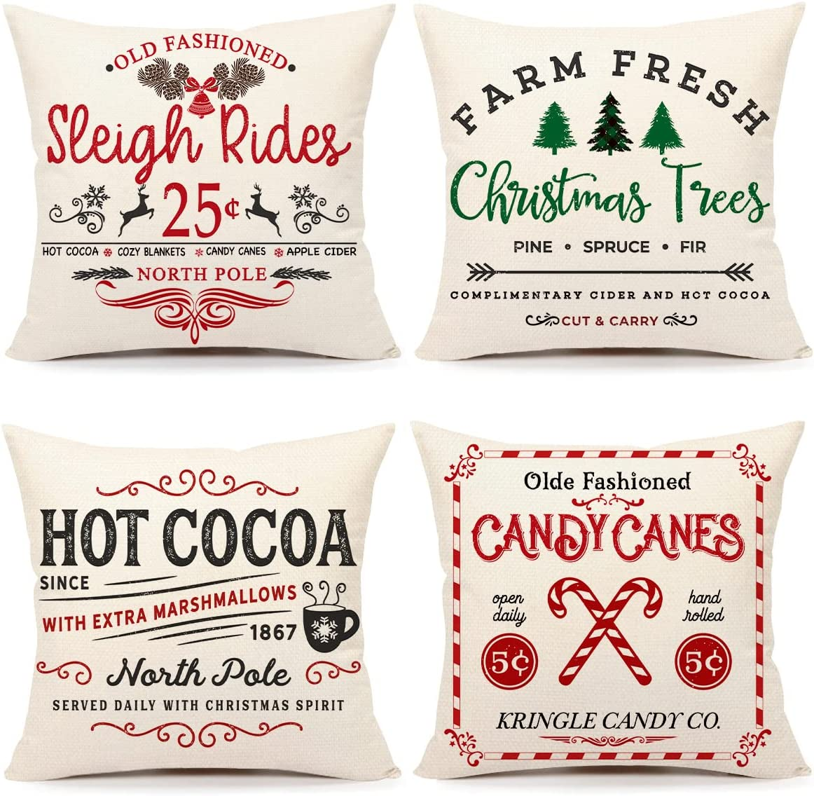 Farmhouse Christmas Pillow Covers 18X18 Set of 4 Winter Holiday Decorations Xmas Rustic Throw Cushion Case for Sofa Couch Home Decor (Sleigh Rides, Farm Fresh Tree, Cocoa, Candy Canes)