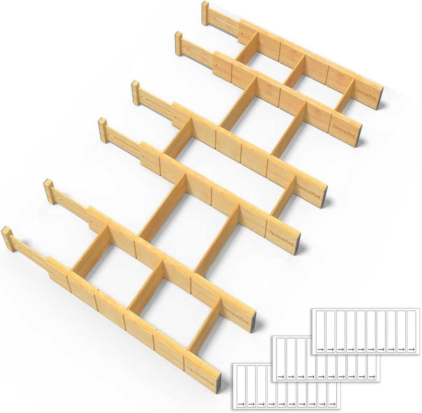 Bamboo Drawer Dividers with Inserts and Labels, Kitchen Adjustable Drawer Organizers, Expandable Organization for Home, Office, Dressers and Bathroom, 6 Dividers with 12 Inserts (17-22 In)