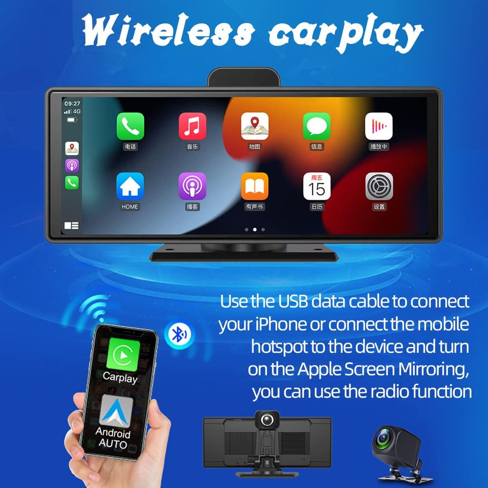 10" Portable Car Radio Touchscreen Dash Cam Wireless Carplay & Android Auto C... - Picture 3 of 14