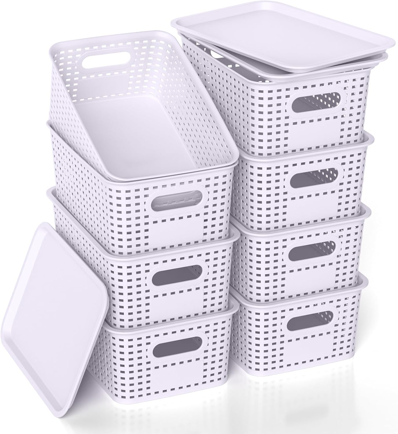Plastic Storage Basket with Lid, Stackable Small Box Bins for Organizing and Containers for Shelves Drawers Desktop Closet Playroom Pantry Classroom Office Home, 8 Pack 10.2