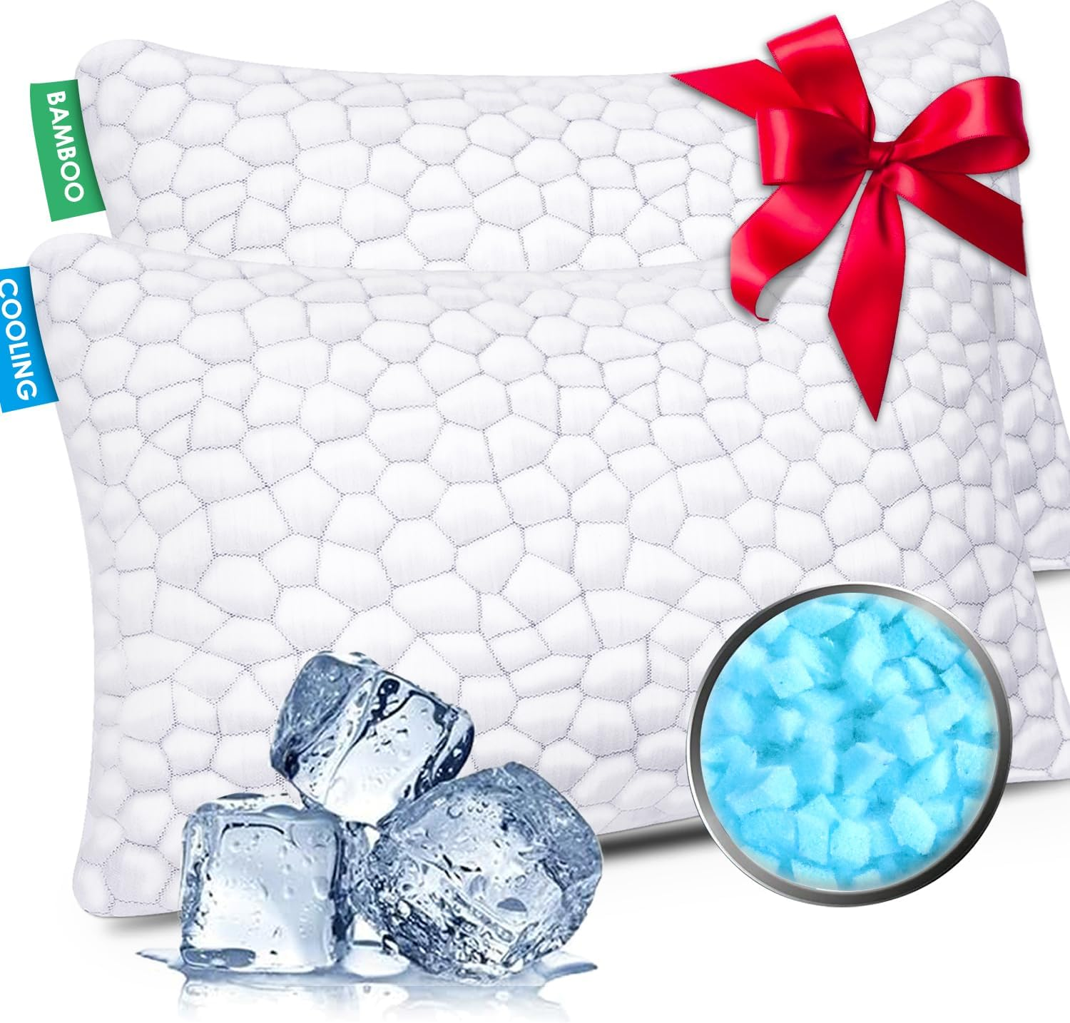 SUPA MODERN Cooling Bed Pillows for Sleeping 2 Pack Shredded Memory Foam Pillows Queen Size Set of 2, Adjustable Cool Pillow for Side Back Stomach Sleepers Luxury Firm Gel Pillows for Neck Pain Relief
