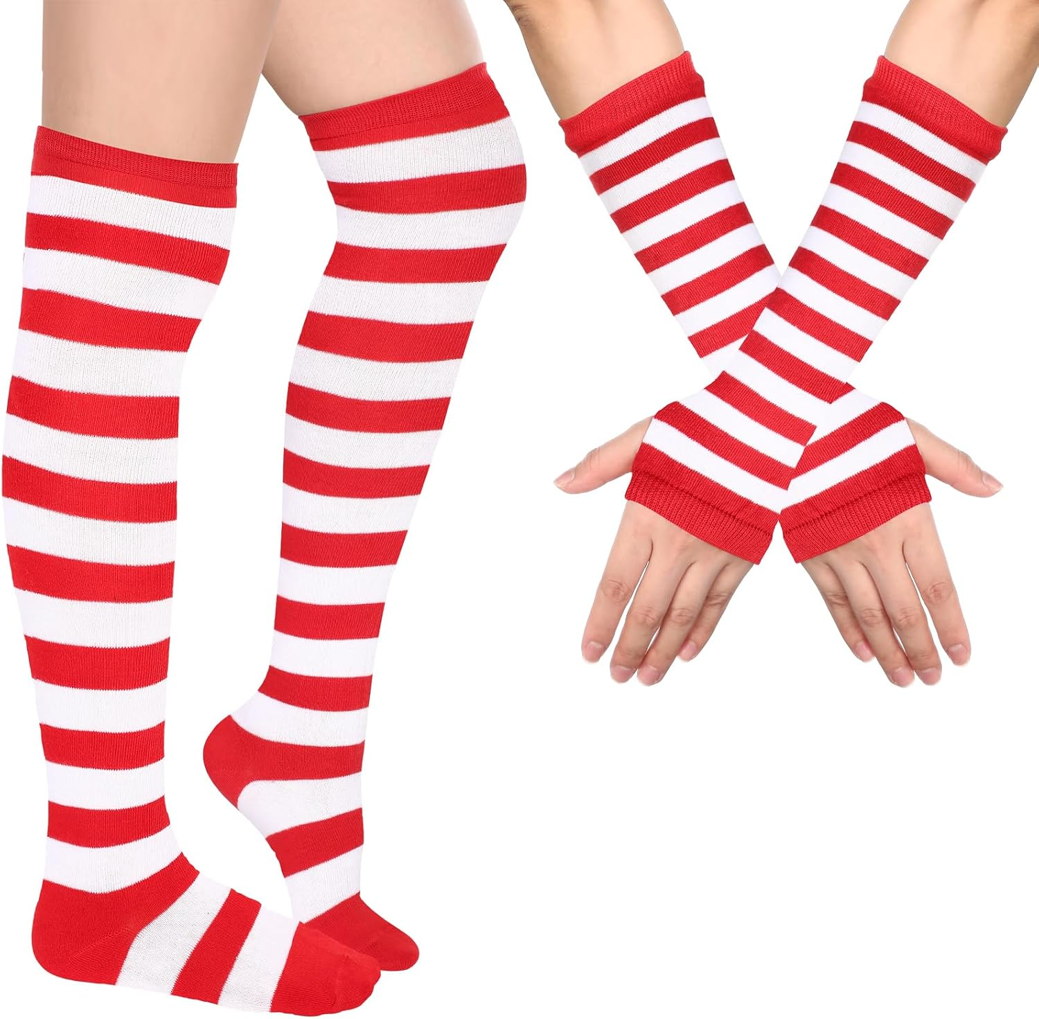 Armstulpe Beinwärmer Für Damen Gestreifter Oberschenkel Strumpf Fingerlose Handschuhe Streifen Strumpf (Dunkelrot Und Weiß)