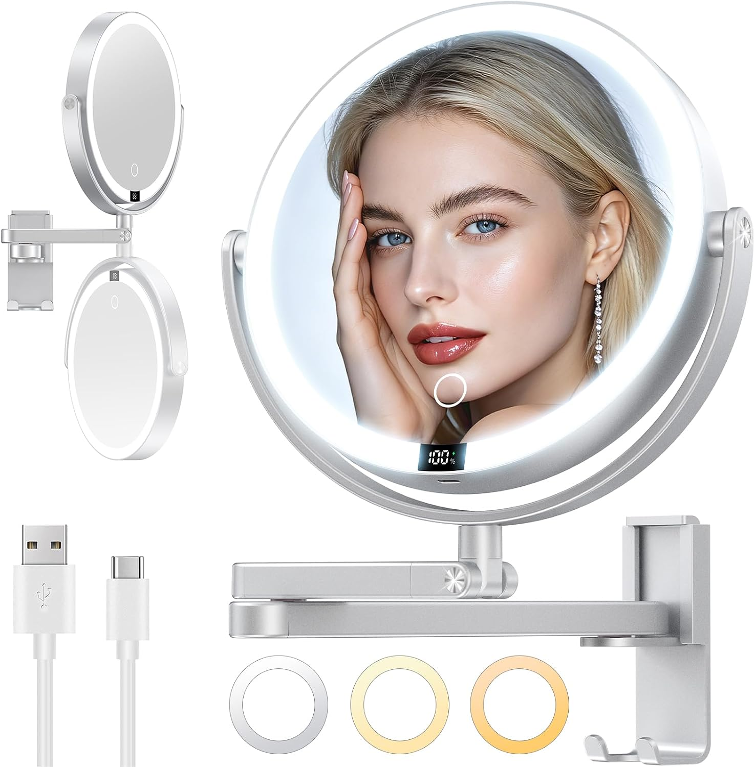 8”Wall Mounted Lighted Makeup Mirror with Digital Display, 4000Mah