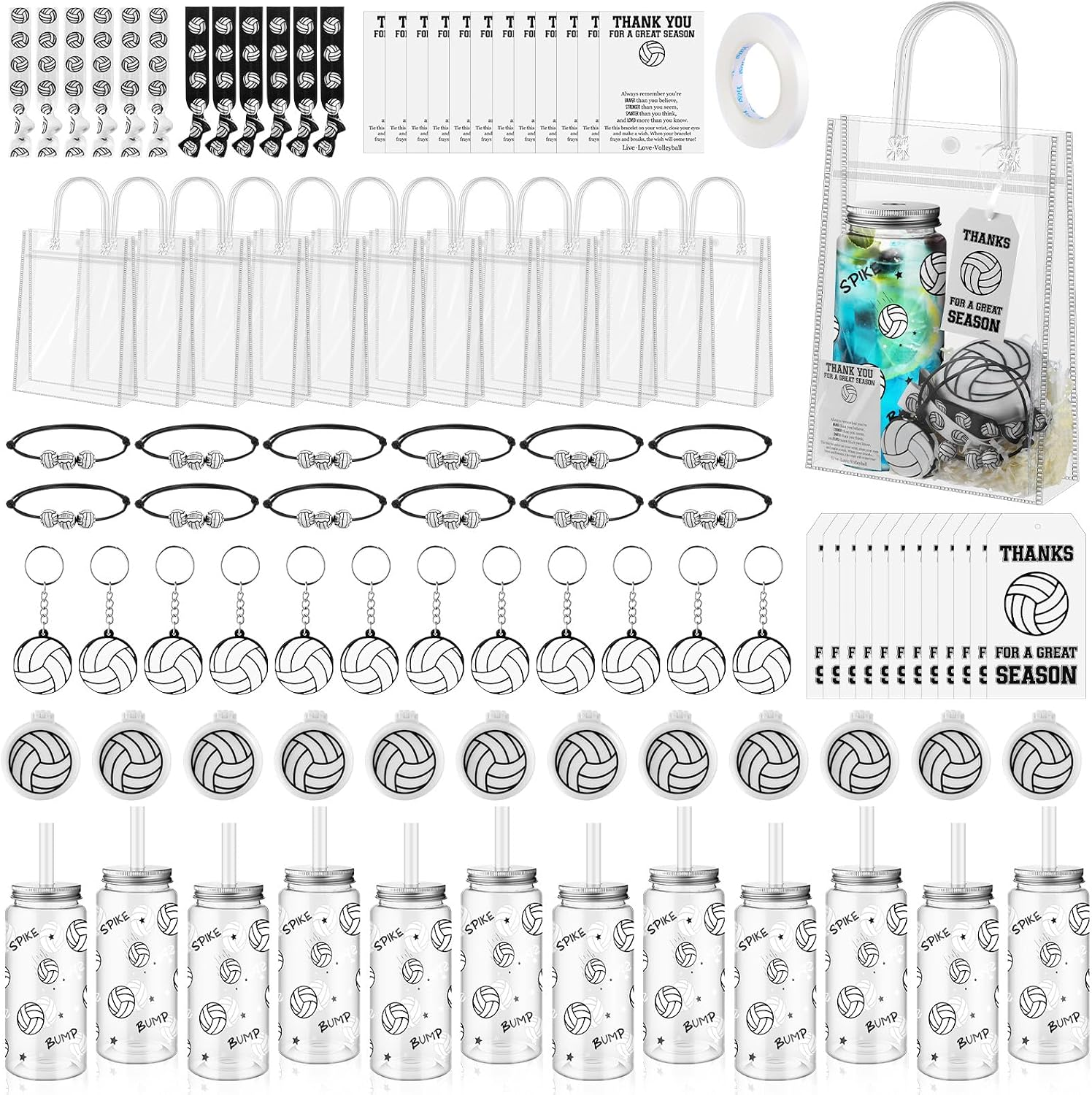 96 Pcs Party Set, Plastic Bottles Folding Mirror Hair Brushes Bracelets Rubber Keyrings Hair Ties Motivational Cards Gift Bag Thank You Tags for Sport Theme Supply(Volleyball)
