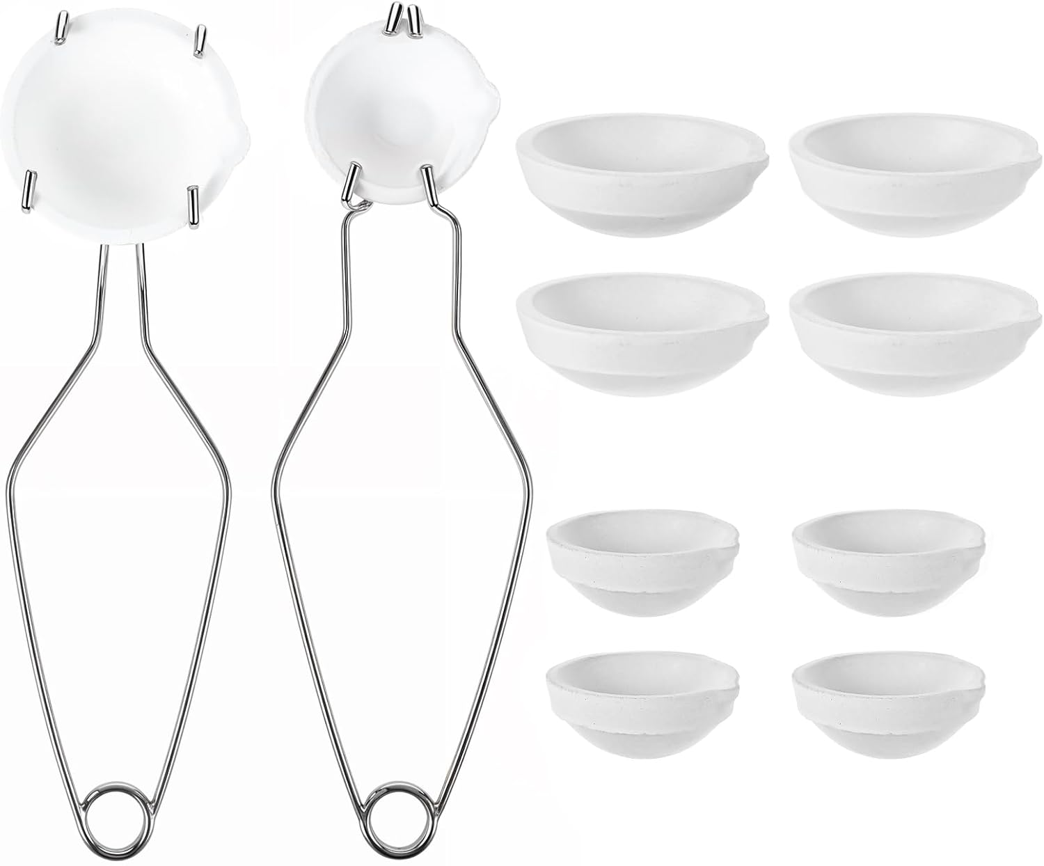 10 Pcs Crucibles for Melting Metal Kit, 4 Pcs Ceramic Quartz Crucibles & 4 Pcs Enlarged Ceramic Quartz Crucibles & 2 Pcs Gold Silver Copper Whip Tongs Handle 2A, Jewelry Refining Casting Pot