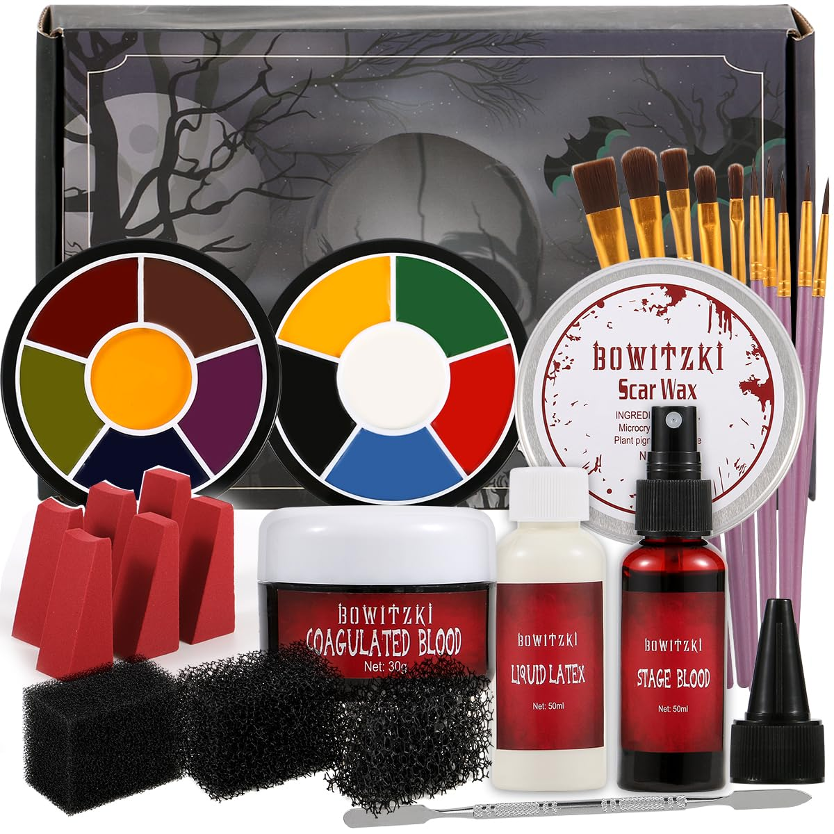 Halloween SFX Makeup Kit Special Effect Makeup,Liquid Latex+Scab Blood+Spray Blood+6 Colors Oil Based Face Paint+Sfx Bruise Wheel+Skin Wax+Stipple Sponges+Latex Free Sponges+Spatula+Brushes