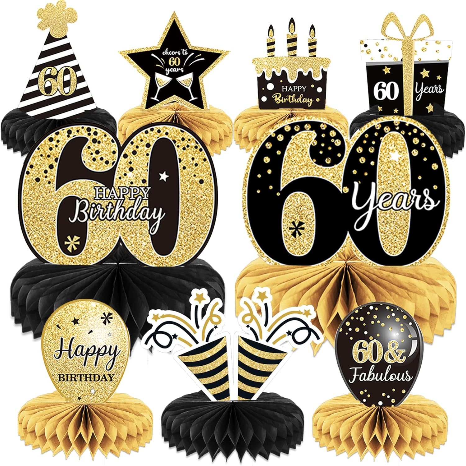 9 Pieces 60Th Birthday Decoration 60 Th Birthday Centerpieces for Tables Decorations Cheers to 60 Years Honeycomb Table Topper for Men and Women Sixty Years Party Decor Supplies