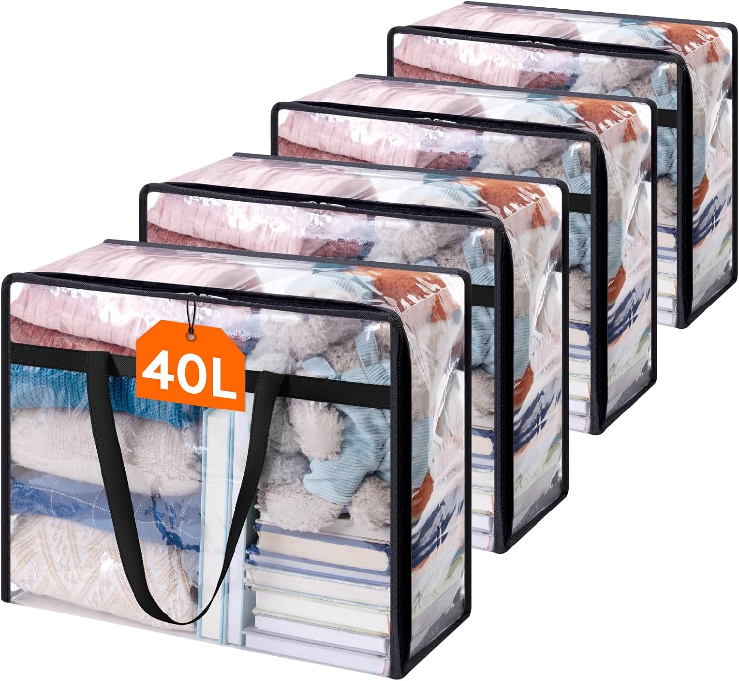 4 Pack Clear Clothes Storage Bags, 40L Plastic Blanket Storage Bag, Vinyl Foldable Moving Bags with Zipper, Closet Organizers and Storage Containers for Bedding, Duvet, Comforter