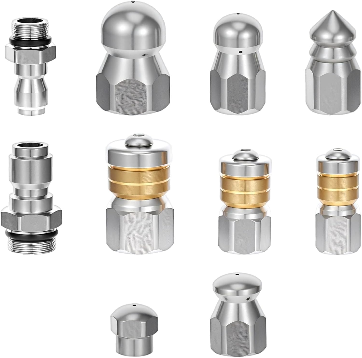 10 Pcs Sewer Jetter Nozzle Kit Stainless Steel Jetter Heads Kit Otating Button Drain Cleaning Nozzle Tips for Pressure Washer, 1/4