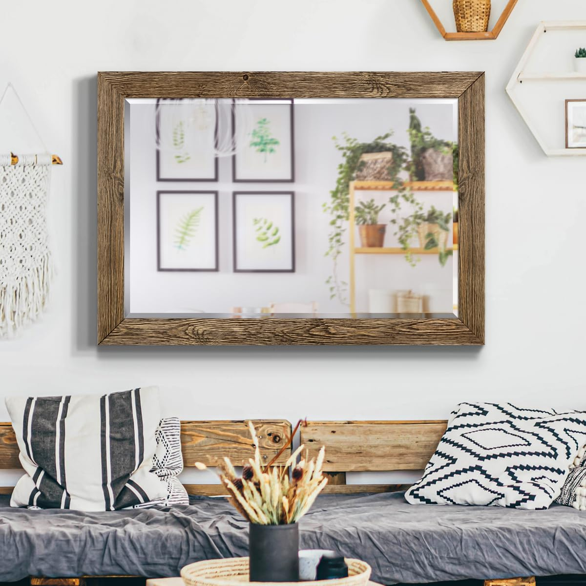 Walnut Vanity Mirror Rectangular Barnwood Framed Wall Mirror for Home Decor, Vertical or Horizontal Hanging, 29X41