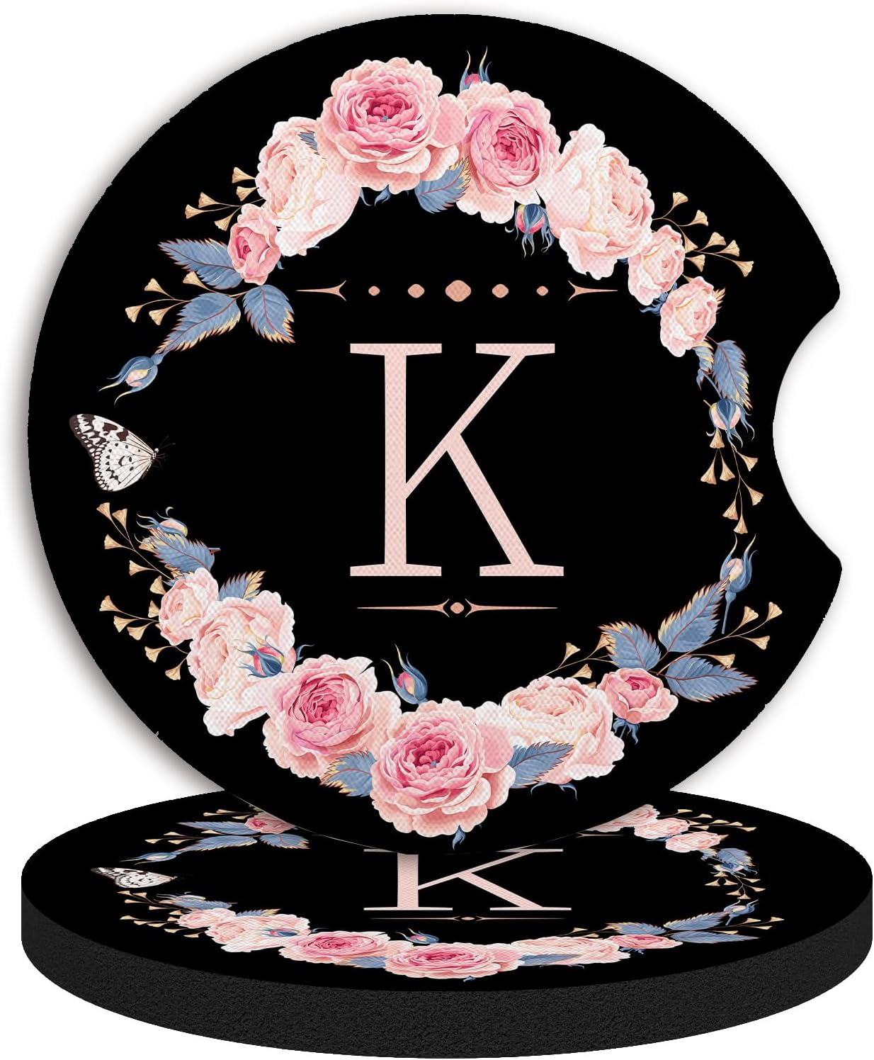 2Pcs Letter K Car Coasters,Absorbent Universal Neoprener Cup Holder Coasters with a Finger Notch,Car Accessories for Women&Man Interior，2.75