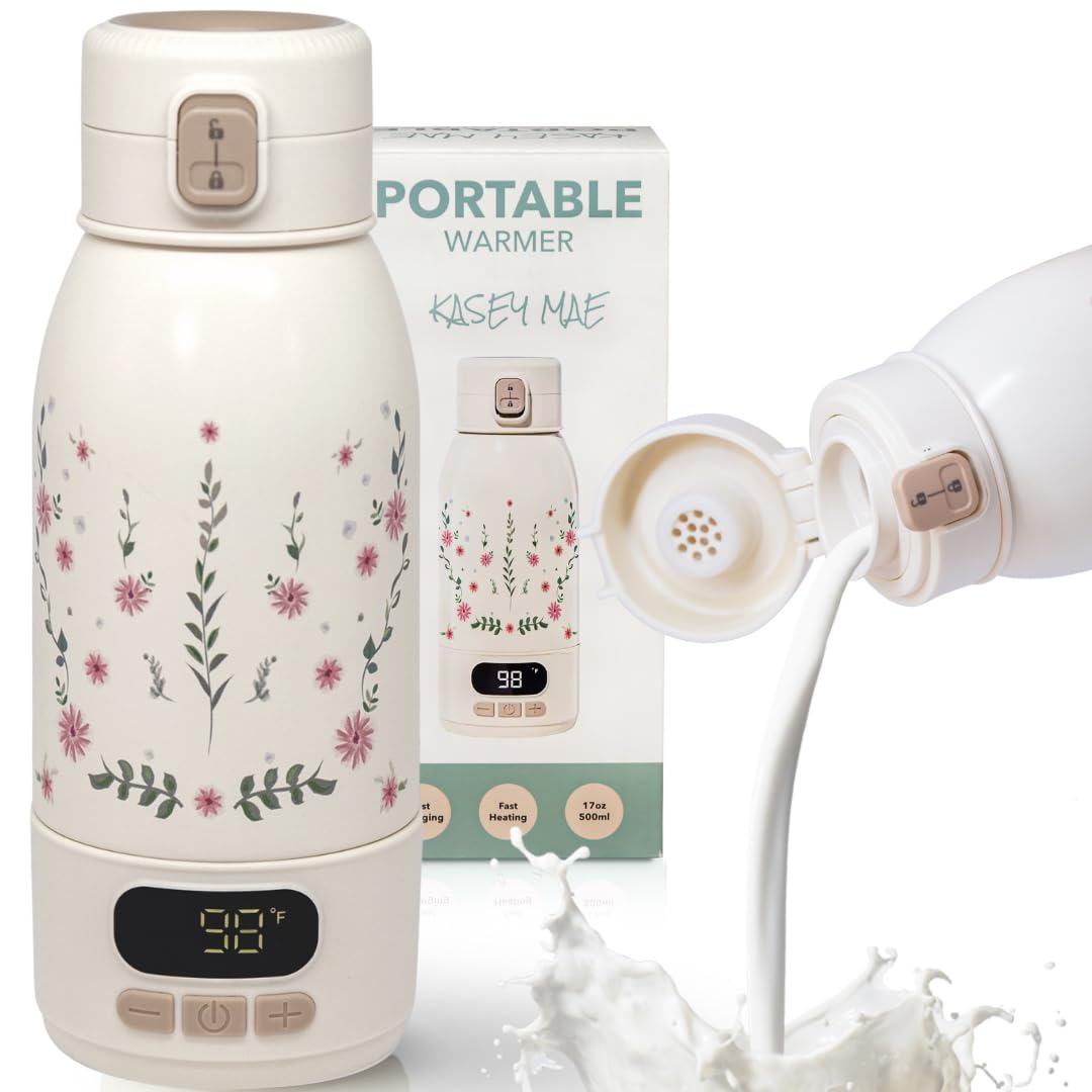 Portable Bottle Warmer for Travel â€“ Precise Heating for Breastmilk & Formula - Fast 3-Minute Heating, USB Rechargeable, Baby Milk & Formula Warmer on the Go, Long Battery, Floral, 17Oz