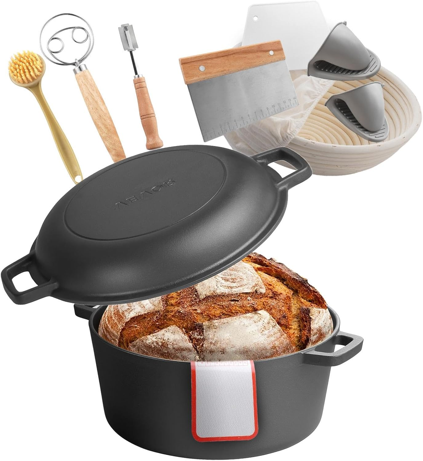Cast Iron Dutch Oven, 2-In-1 Pre-Seasoned Pot with Skillet Lid, 5QT Cookware Pan with Proofing Basket, Bread Baking Accessories, Bread-Oven Compatible 500℉