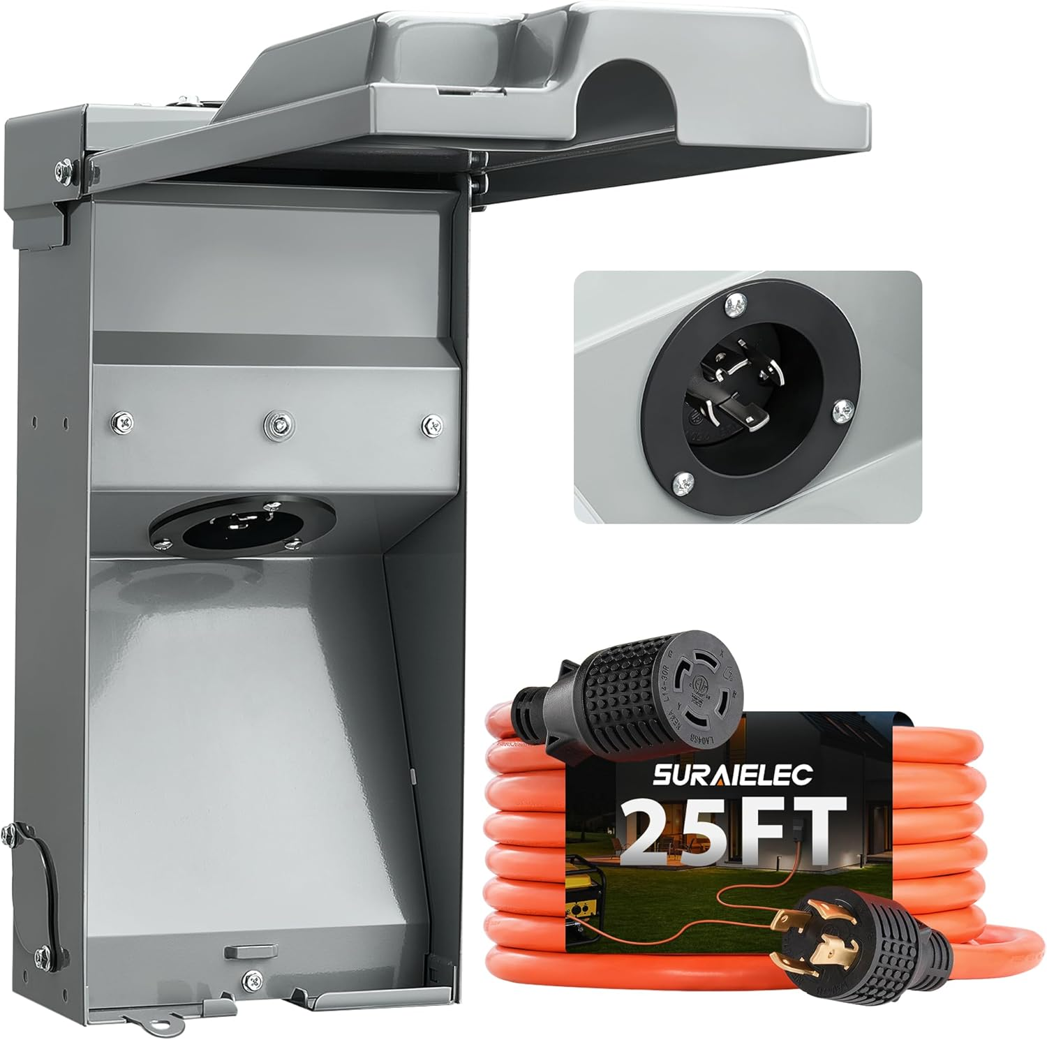 30 Amp Power Inlet Box and 25FT Generator Cord, 125/250V 7500W Generator to House Power Cord, NEMA L14-30P to L14-30R Generator Cord Kit for Emergency Use, Power Outage