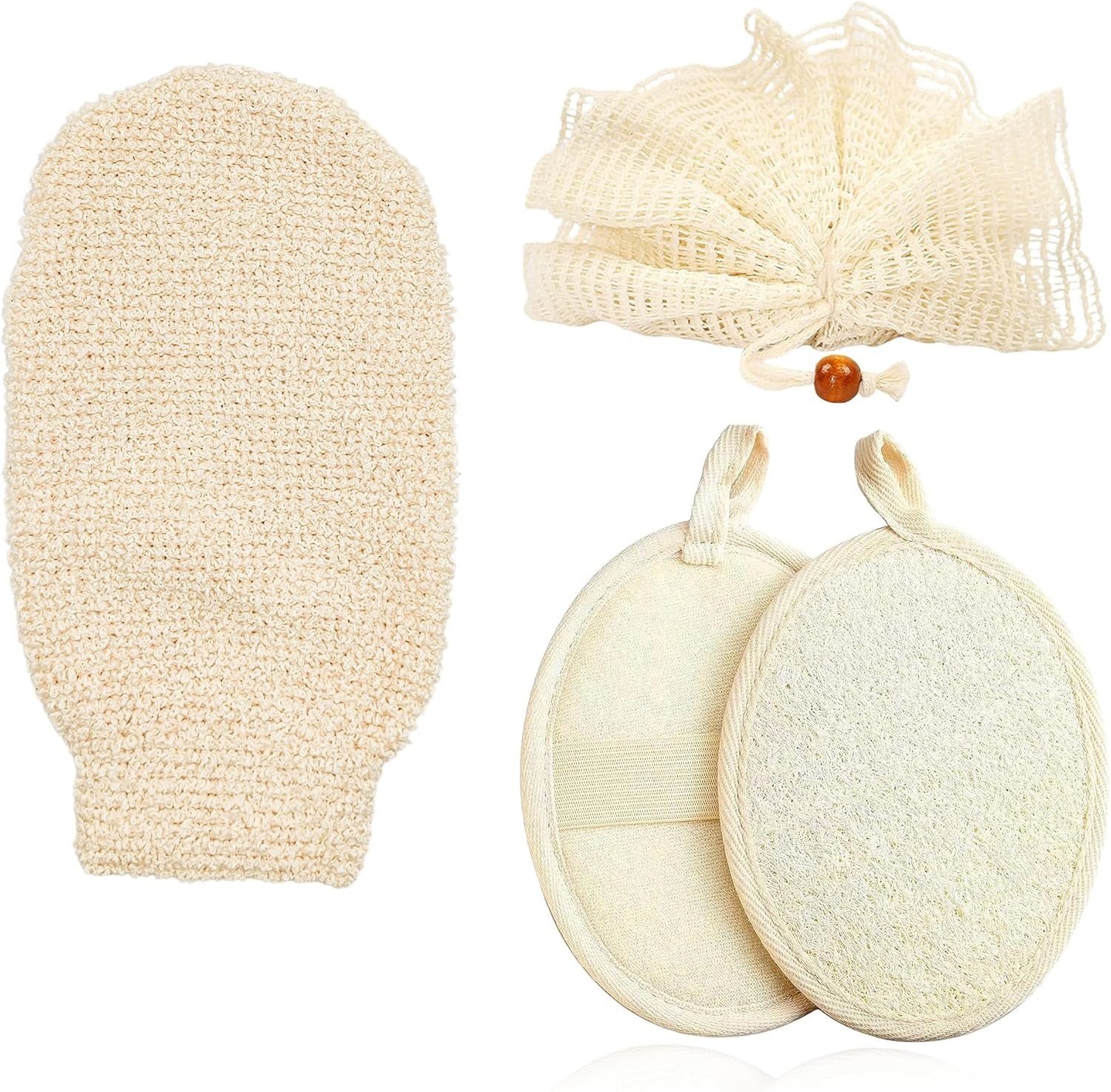 Loofah Exfoliating Body Scrubber Pack - Ramie Shower Pouf, Natural Bath Sponge, Women Bathing Sponges for Exfoliation, Organic Washing Glove, Soft Mesh Exfoliator, Cleaning Mitten