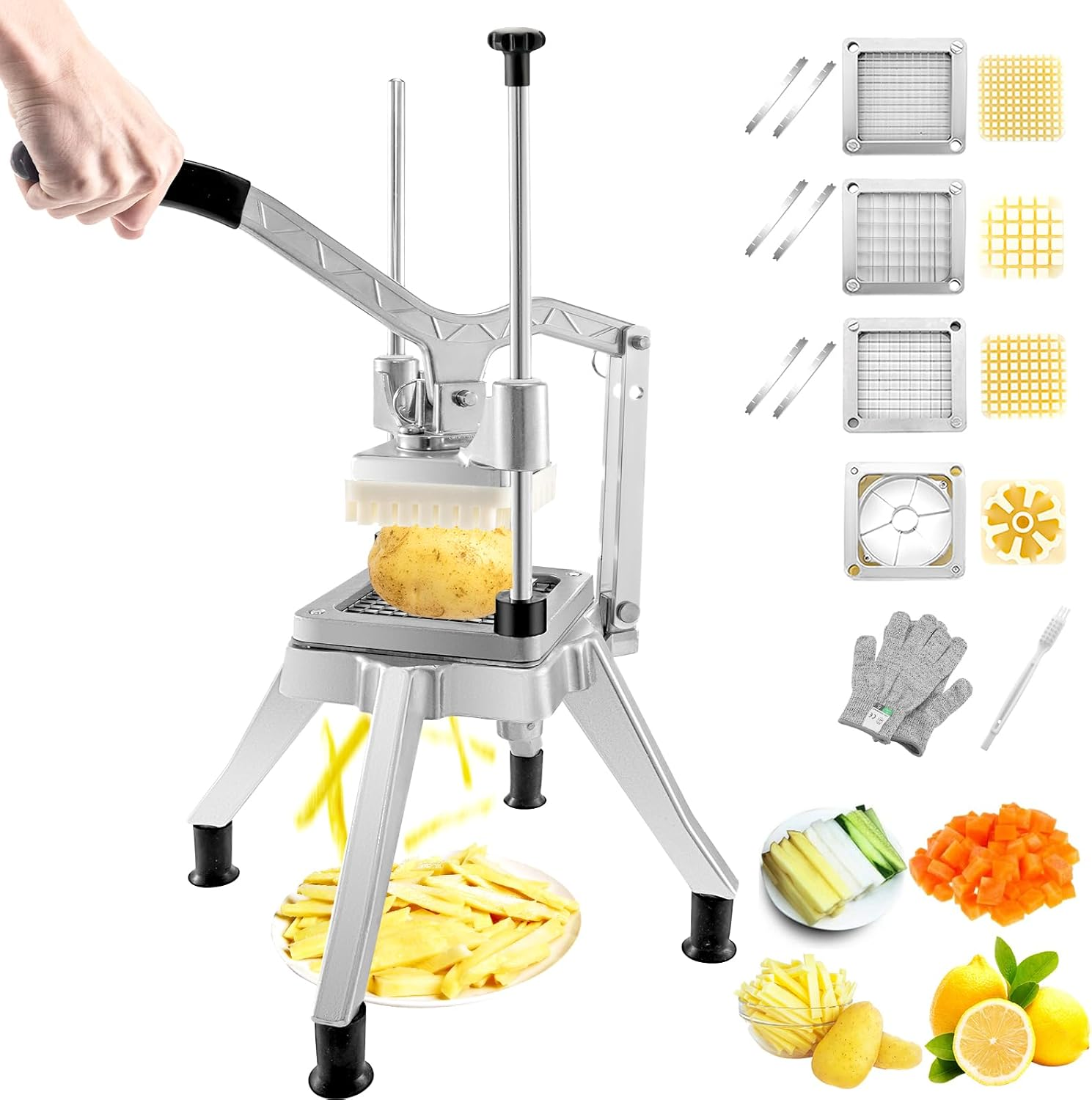 Commercial Vegetable Chopper W/ 4 Replacement Blades, Stainless Steel French Fry Cutter Potato Dicer & Fruit Slicer for Restaurants & Home Kitchen