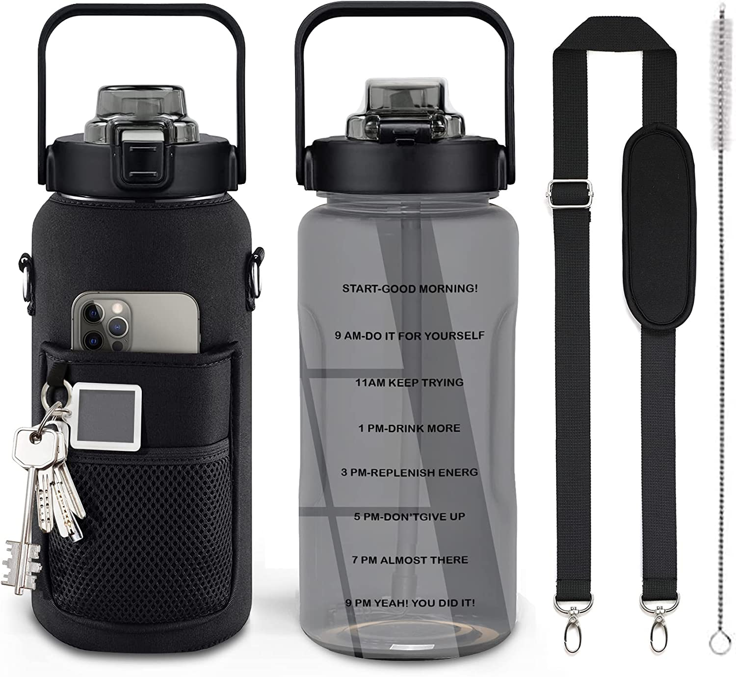 Half Gallon Water Bottle with Sleeve, 64OZ Motivational Water Bottle with Straw & Time Marker, BPA Free Leakproof Large Sports Water Bottle, Reusable Water Jug for Workout Gym Sport