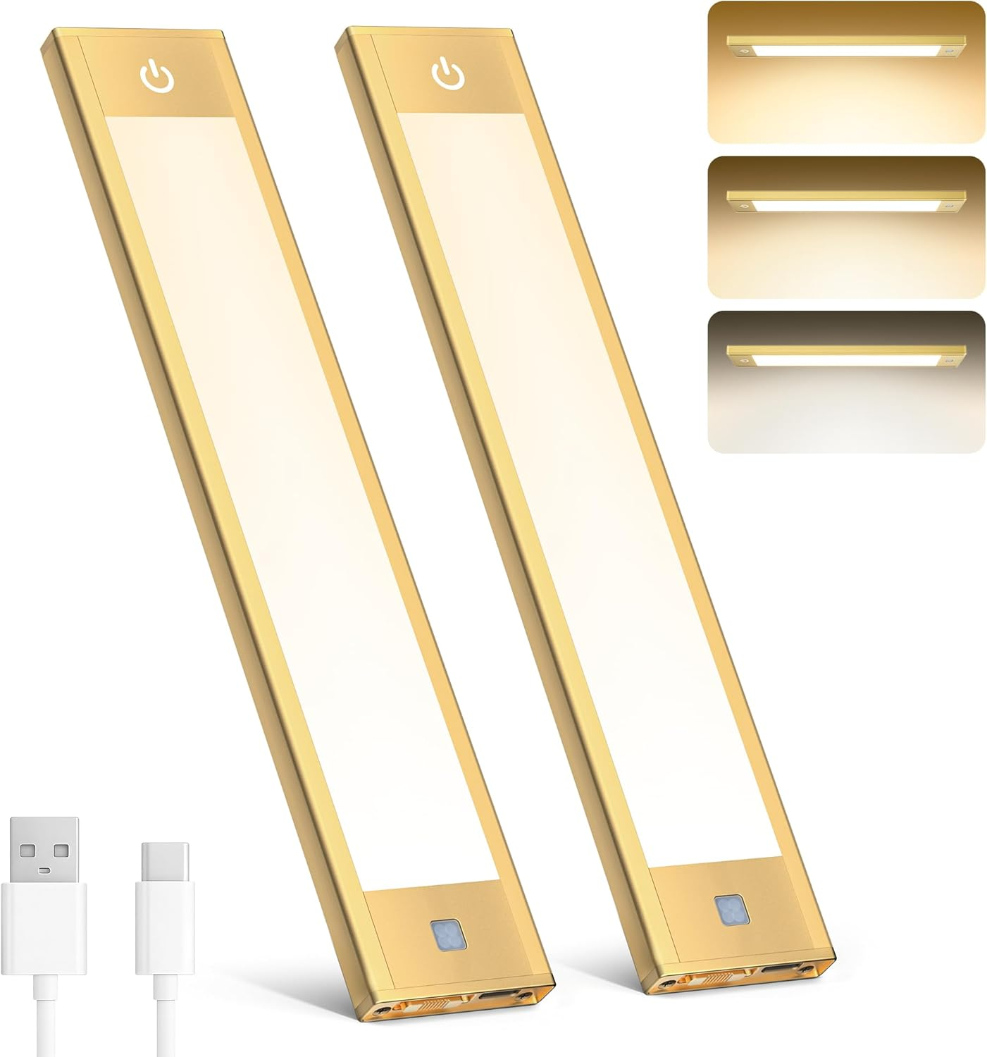 Rechargeable Motion Sensor under Cabinet Light, Magnetic LED Bar with 1500Mah, Gold Aluminum Accent Lighting, Dimmable 3 Color Temperatures for Kitchen Cabinets, Shelves & Closets (9 In)