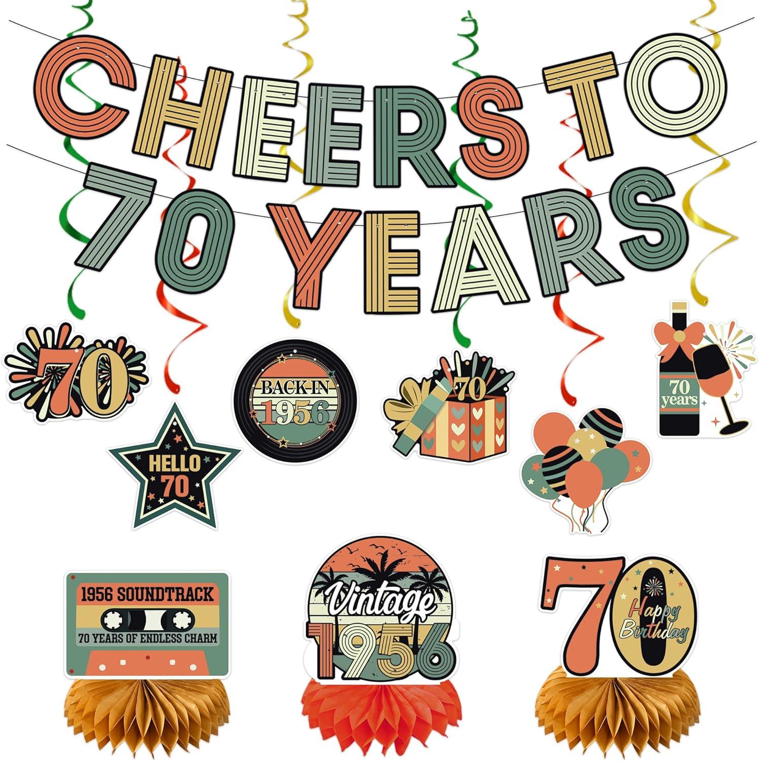 70Th Birthday Decorations Women Men, Cheers to 70 Years Banner Centerpieces Hanging Swirls, 70Th Birthday Party Supplies for Dad Mom, Vintage 1956 70 Years Old Party Photo Backdrop Background