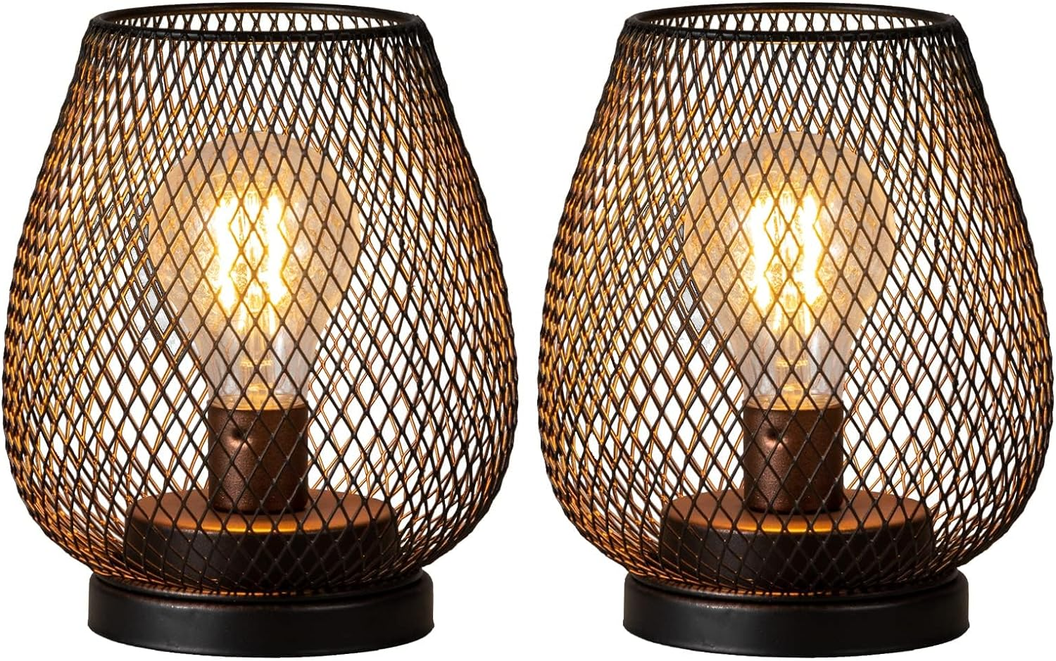DECORKEY Set of 2 Battery Operated Lamp LED Table Lantern, Brown Metal Cage Cordless Lamps with LED Bulb，Vintage Decorative Outdoor Lantern for Weddings, Parties, Patio, Events for Indoors Shelf Decor