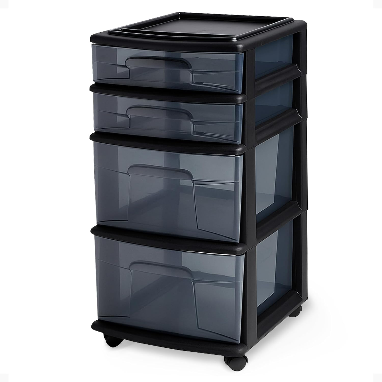Drawer Tower, 4-Tier Clear Plastic Storage Organizer Cart, Black Frame - Rolling Drawer Containers with Wheels for Bathroom, Bedroom, Office, and Classroom Organization